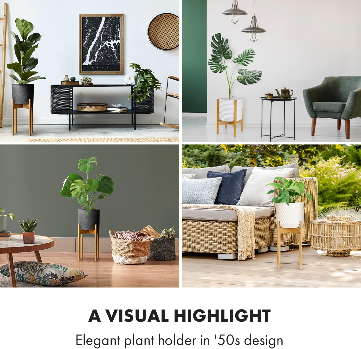 Fox & Fern Large Adjustable Plant Stand Indoor, Bamboo Stand, 8 - 12 Inch | Plug In Design, Holds 200 lbs, Two Heights