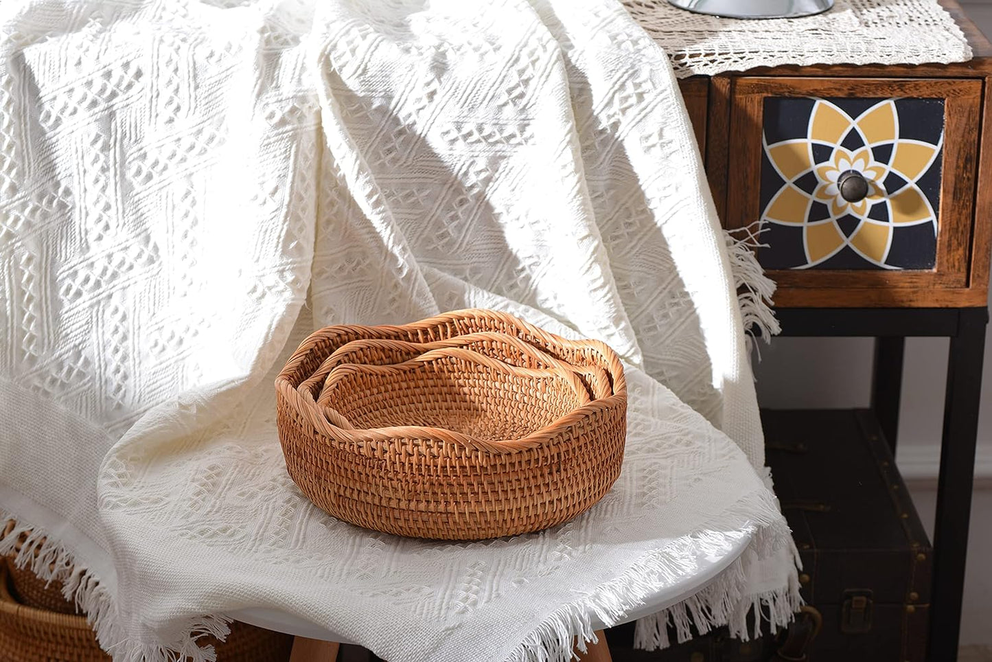Rattan Bread Baskets Round Woven Fruit Bowls Key Holders Stackable / Wave / Natural / Set of 3