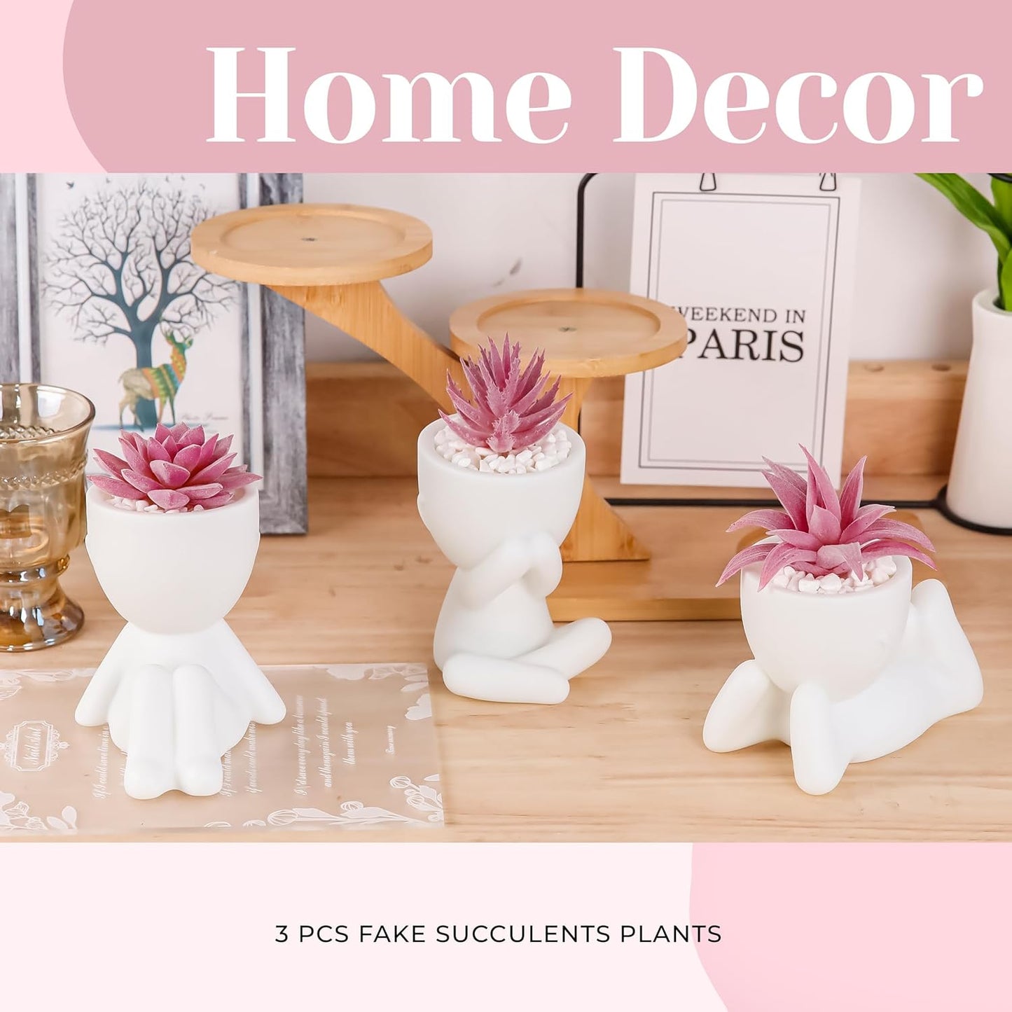 Fake Succulents Plants Artificial Room Office Desk Decor for Women / Pink / Set of 3