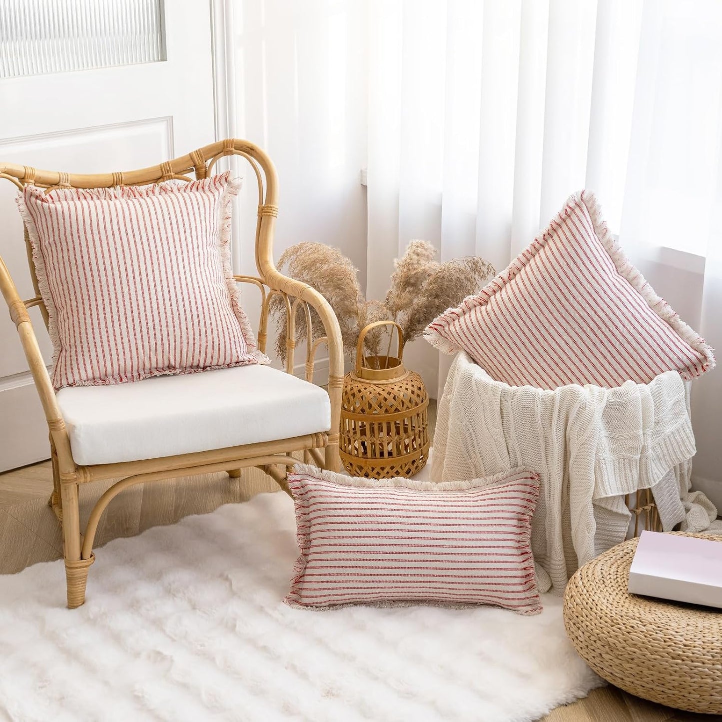 Throw Pillow Covers Striped Fringe Pillow Cover Farmhouse Cushion Covers / Red / 20 x 20 / Set of 2