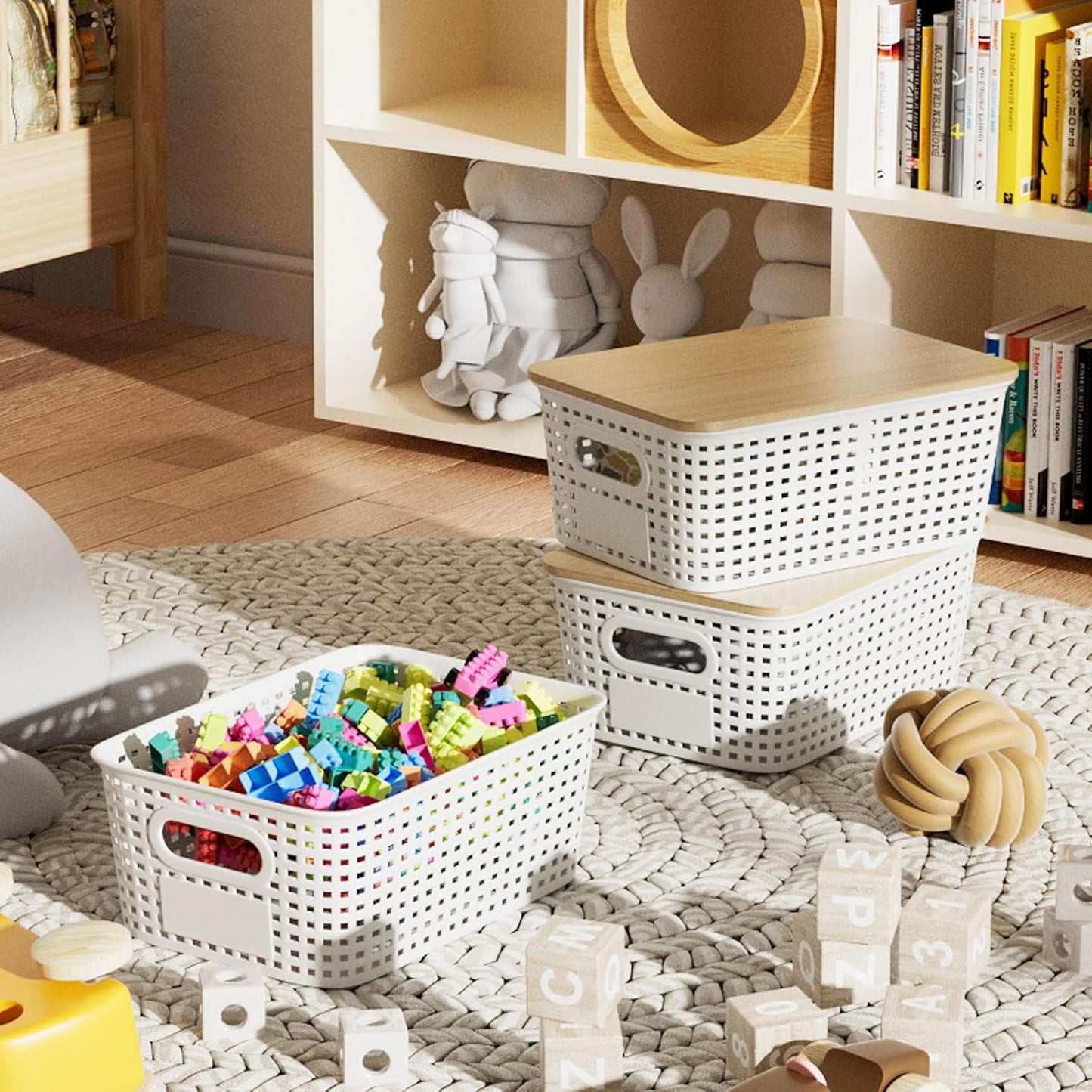 Storage Bins / Stackable Plastic Storage Basket / Cream White / Set of 6