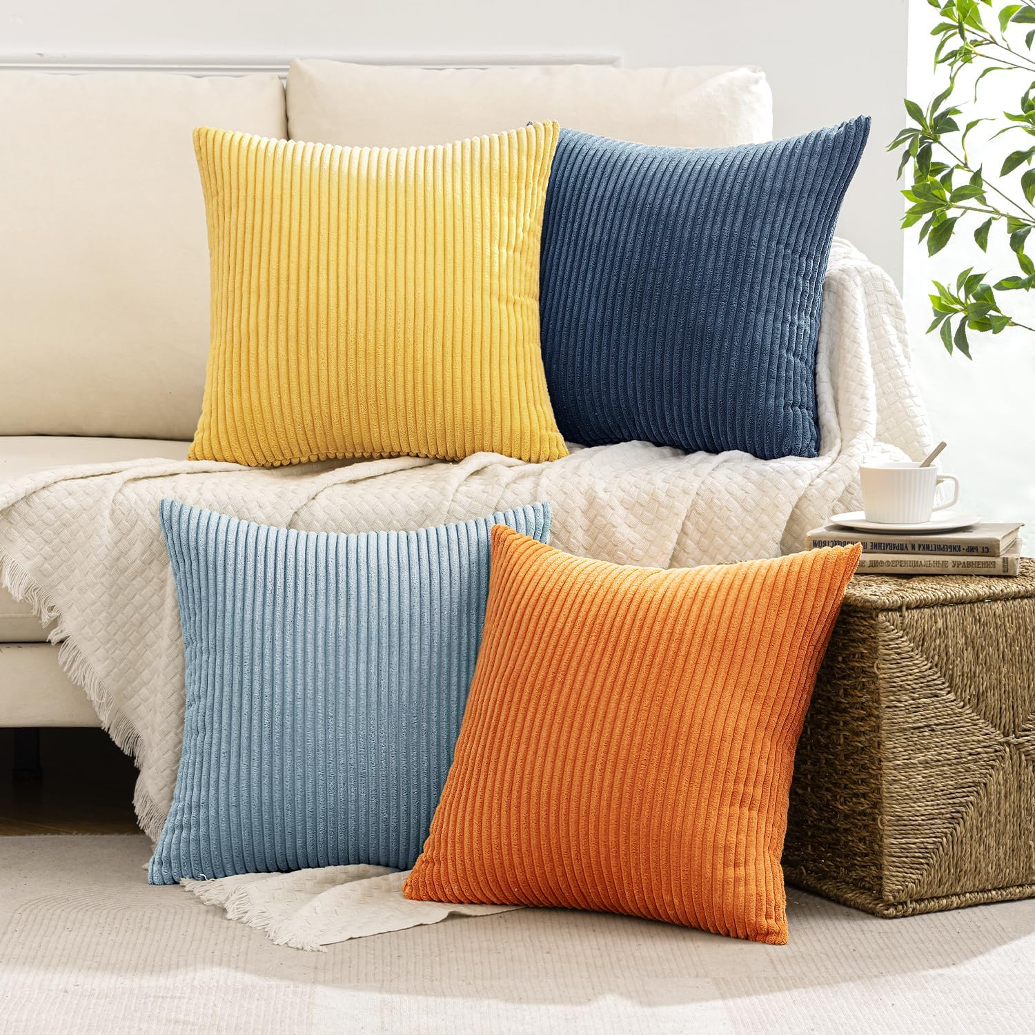 Corduroy Decorative Throw Pillow Covers Soft Boho Striped Pillow / 18 x 18 / Blue-orange / Set of 4