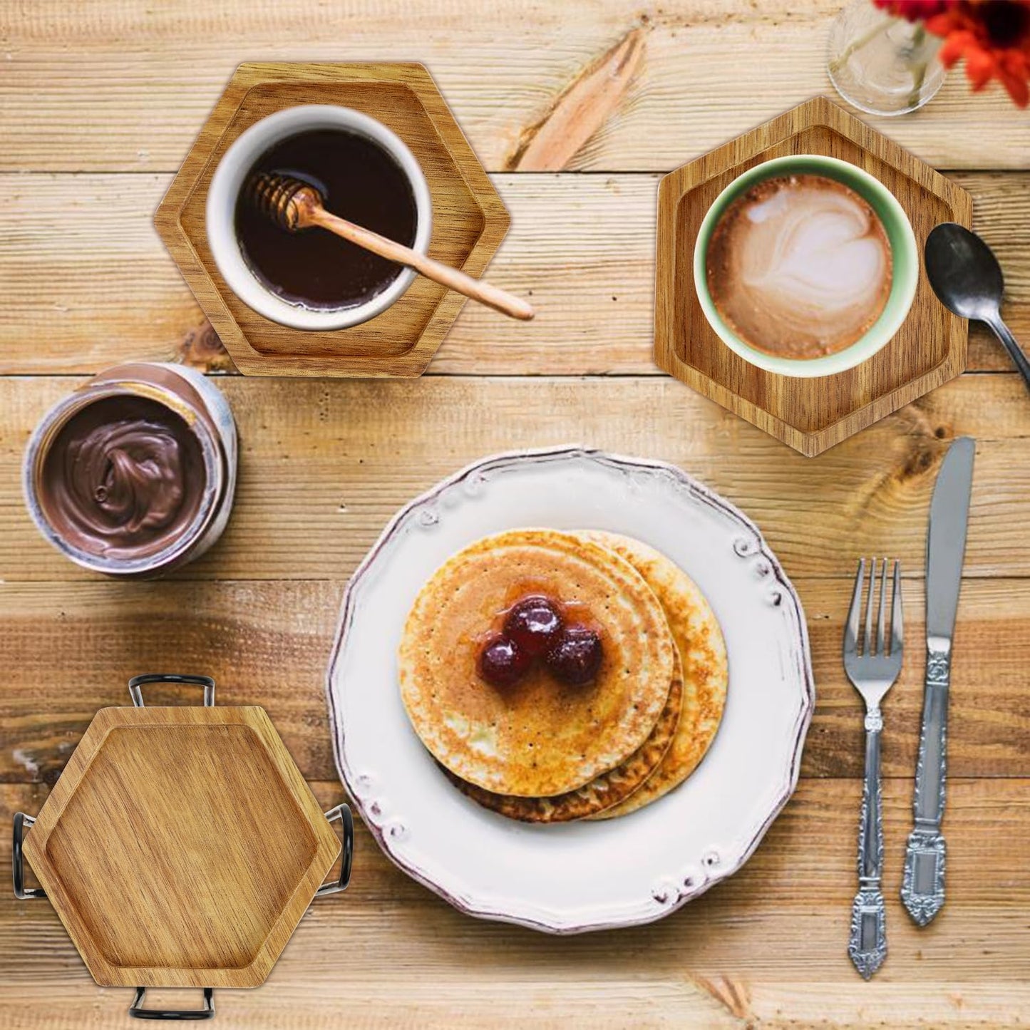 Holder Wooden Coaster Drink Coffee Table Decoration Kitchen Decor Gift / Hexagon / Set of 6