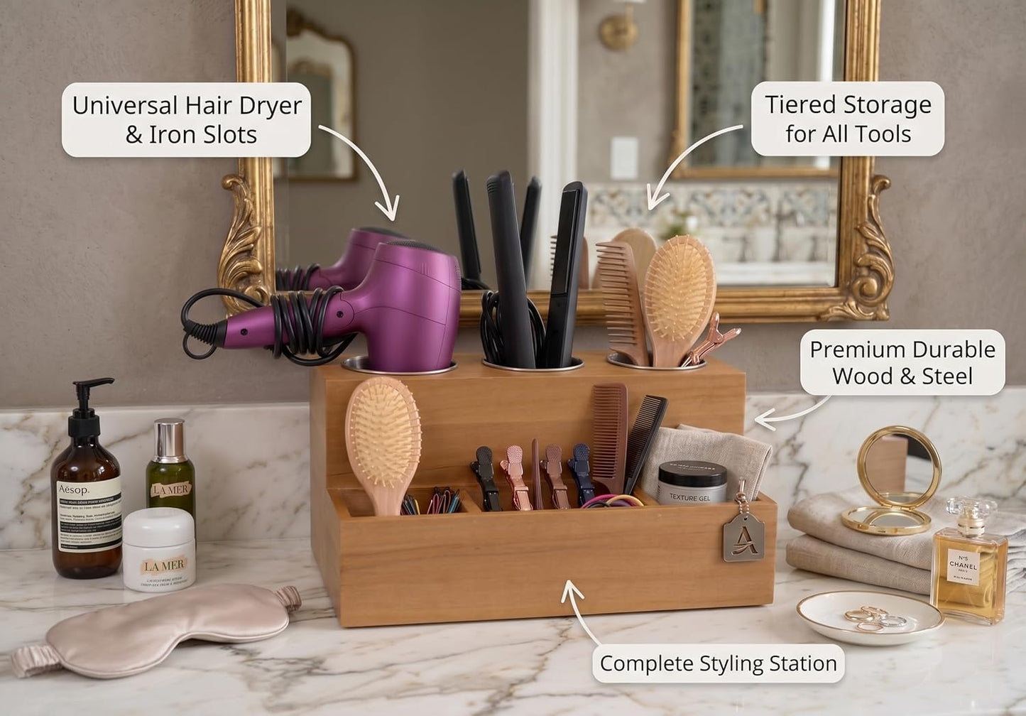 Hair Tools Organizer - Wood Tan - Blow Dryer, Straightener, Curling Wand, Brushes Holder - Vanity & Bathroom Storage