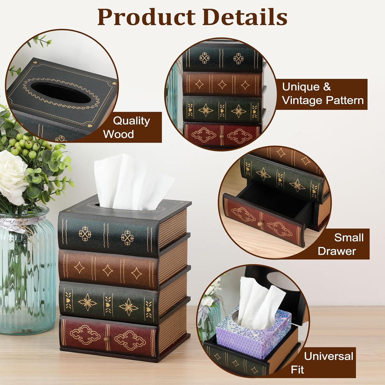 Antique Wooden Book Tissue Box Cover / Green Top