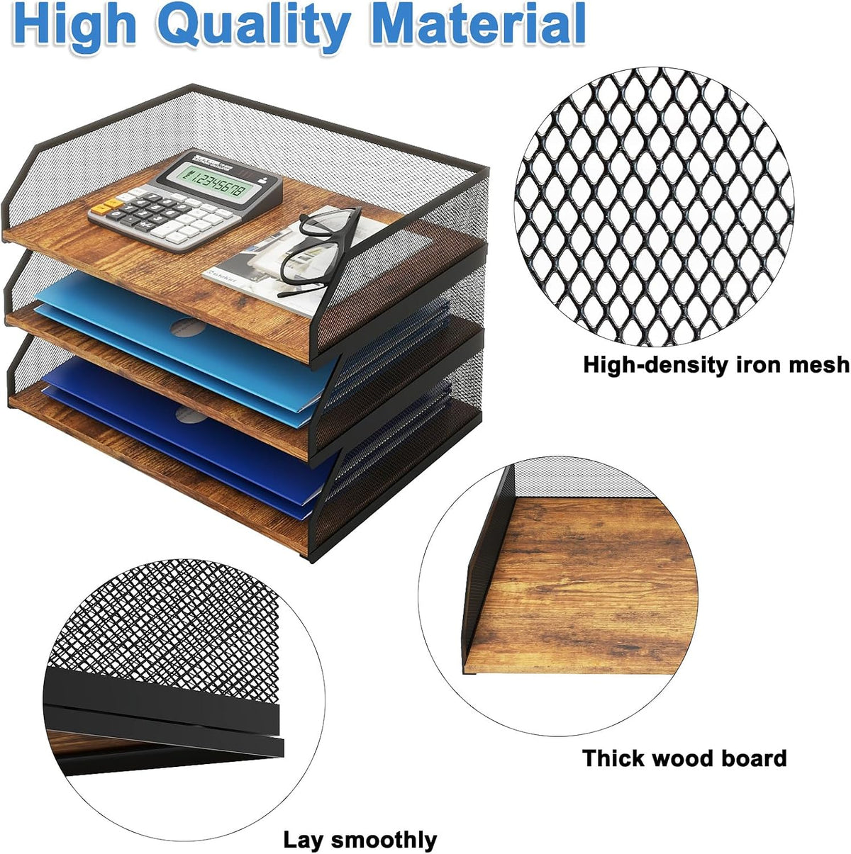 Natwind 3-Tier Stackable Metal Mesh Paper Organizer with Sliding Tray,Retro | Wooden Desk Organizer, Letter Tray For
