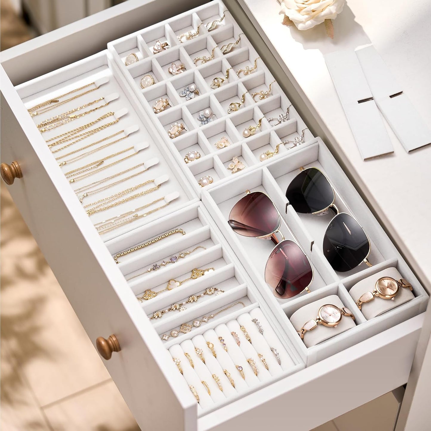 Velvet Jewelry Drawer Organizer Trays / White / Compact