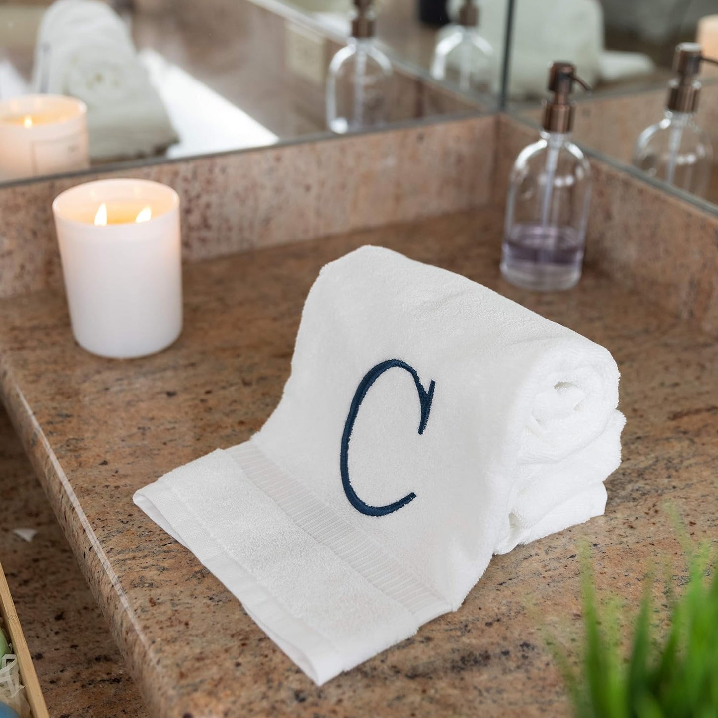 White with Navy Monogrammed Hand Towels for Bathroom - Set of 2 Letter C | Luxury Hotel Quality Initial Towels For