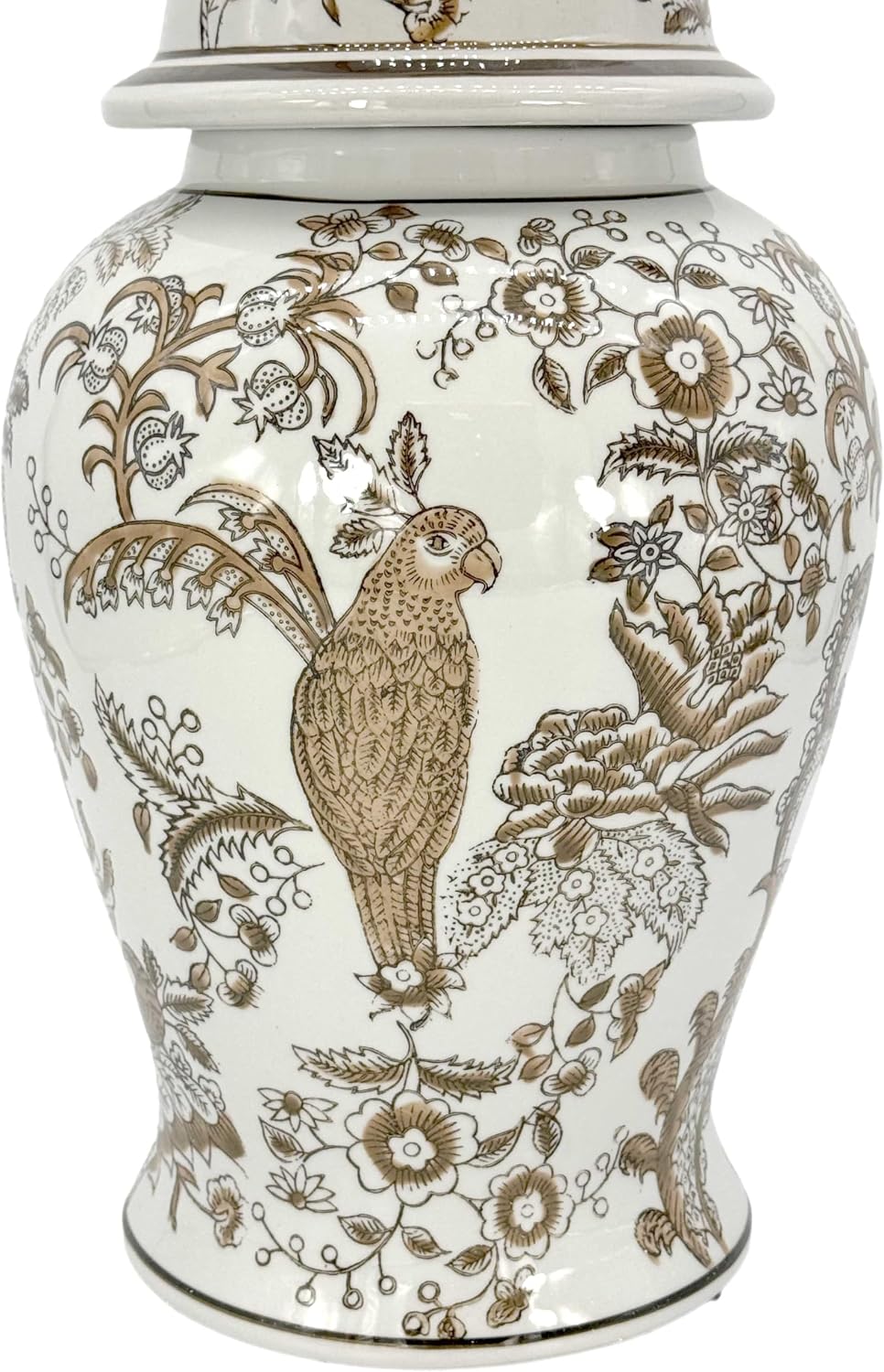 Brown & White Parrot Floral Chinoiserie Ceramic Temple Jar 18" w/Lid / Brown Parrot