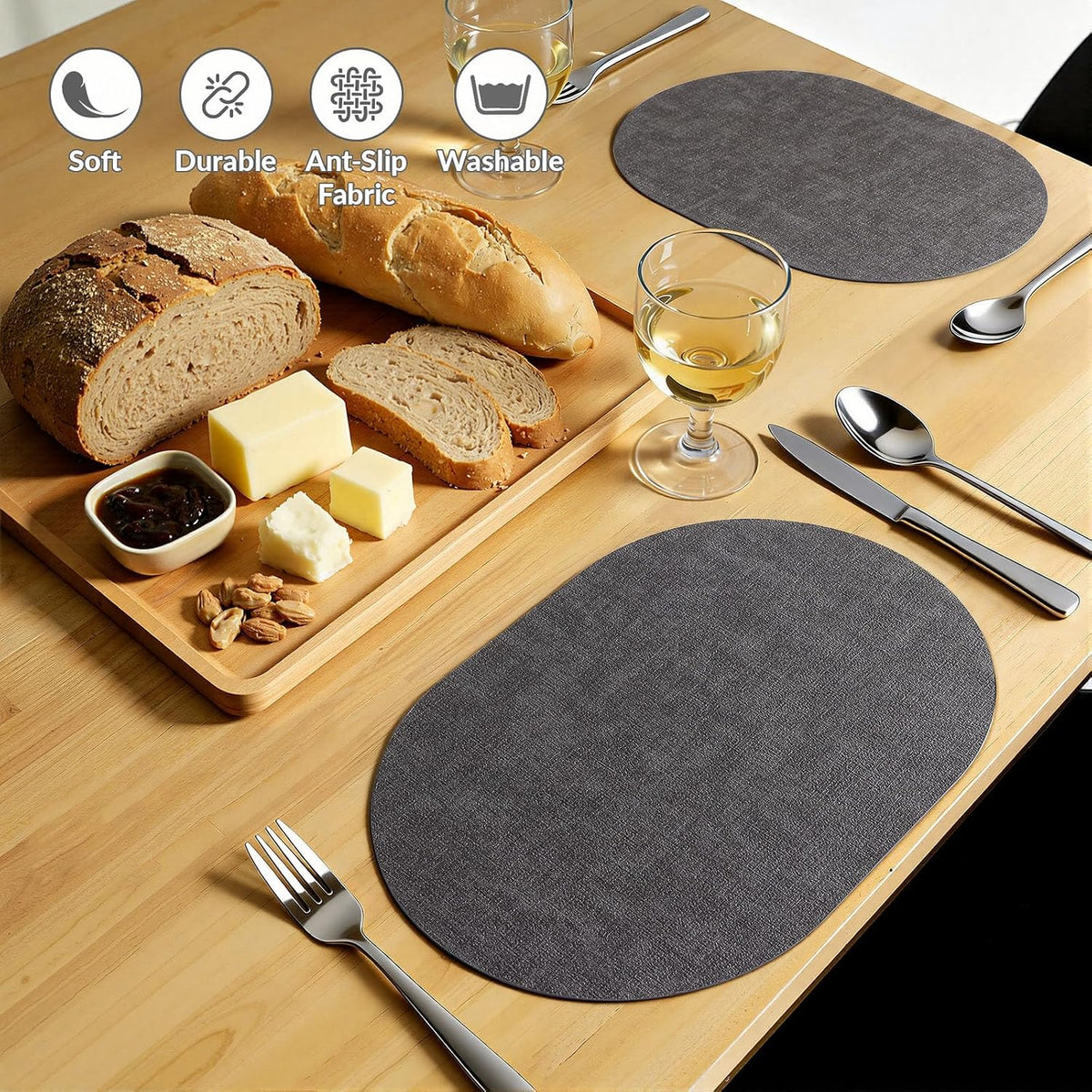 Placemats Set of 6, 11.8 x 17 Inch, Dark Grey | Heat Resistant Oval Faux Leather Place Mats, Waterproof Wipeable