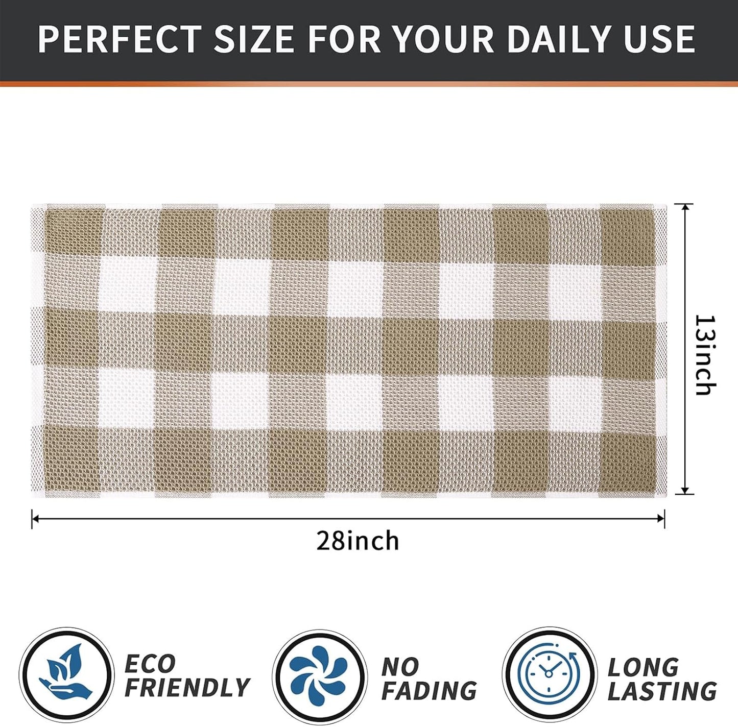 Mordimy Cotton Waffle Kitchen Towels, 13"x 28", 8 Pack, Khaki & White | Super Soft and Absorbent Buffalo Check, Durable