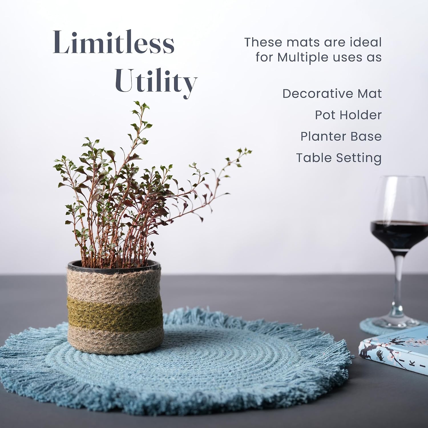 Fine Living Co. 15 Inch Round Placemats Set of 4 with 4-Free Coasters, Washable Heat Resistant Non-Slip Braided Cotton