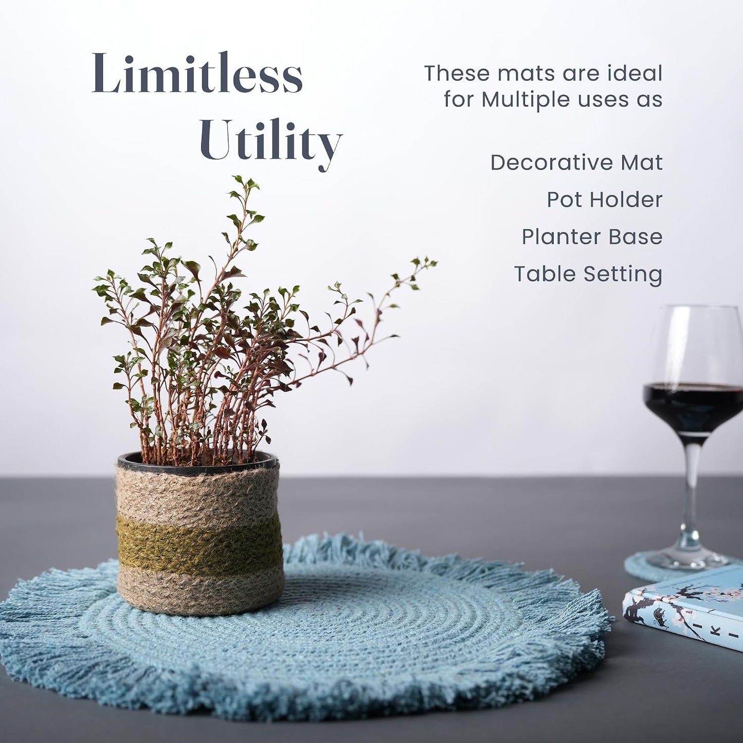 Fine Living 15" Round Placemats Set of 6 with 6-Free Coasters, Reef Blue | Washable Heat Resistant Non-Slip Braided