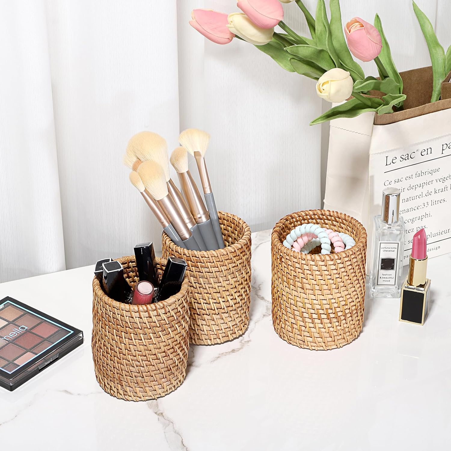 Handmade Desk Pencil Holders Makeup Brush Holder Multi-Functional Woven Basket / Cylinder / Set of 3