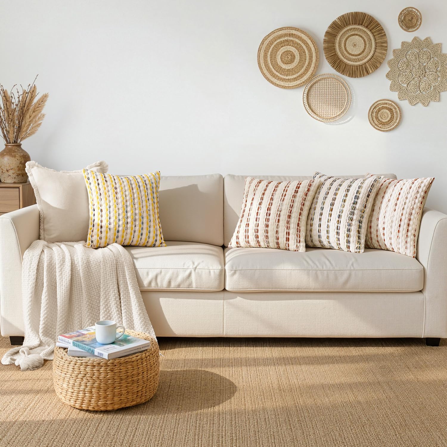 Boho Chenille Textured Tufted Pillow Covers Woven Decorative Throw / Cream Rust / 18 x 18 / Set of 2