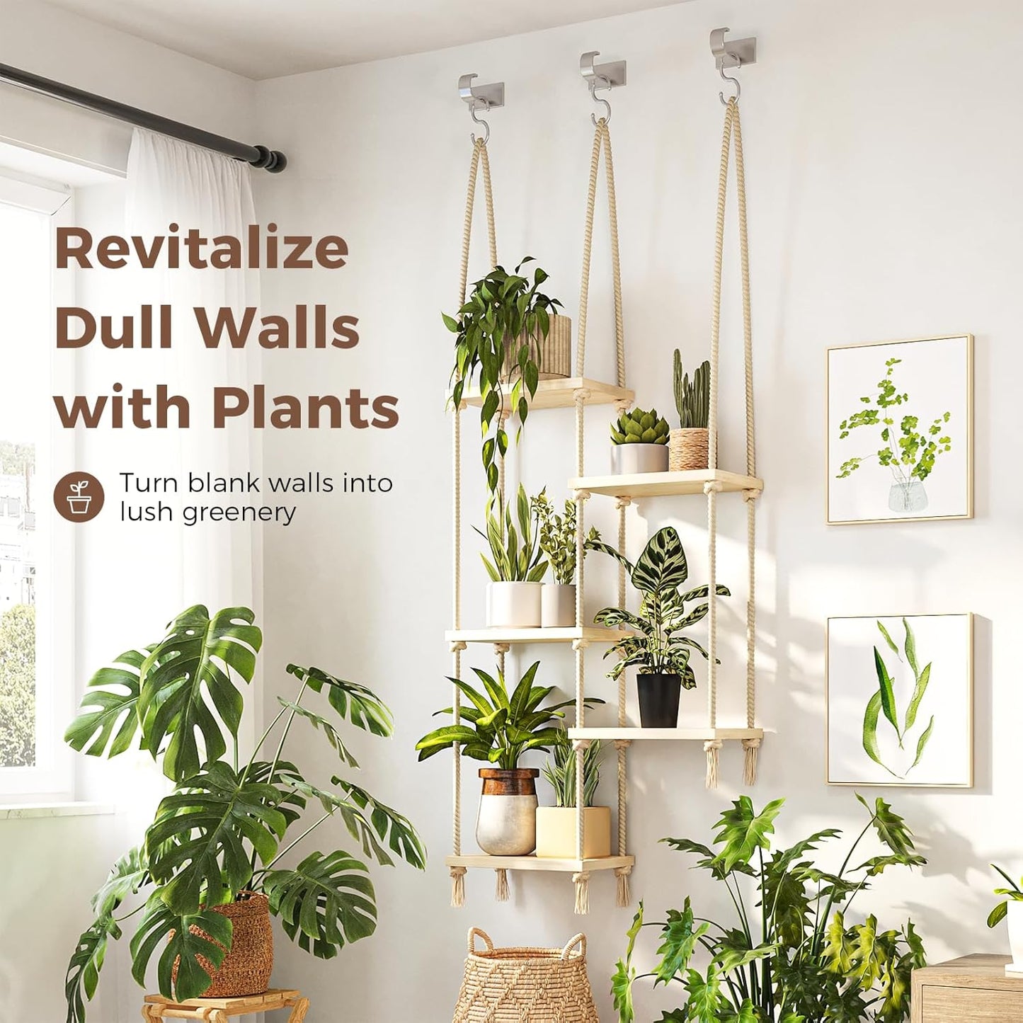 Hanging Shelves Plant Hanger Indoor Window Plant Shelves Wood Plant Wall Shelf Window Sill / 5tier