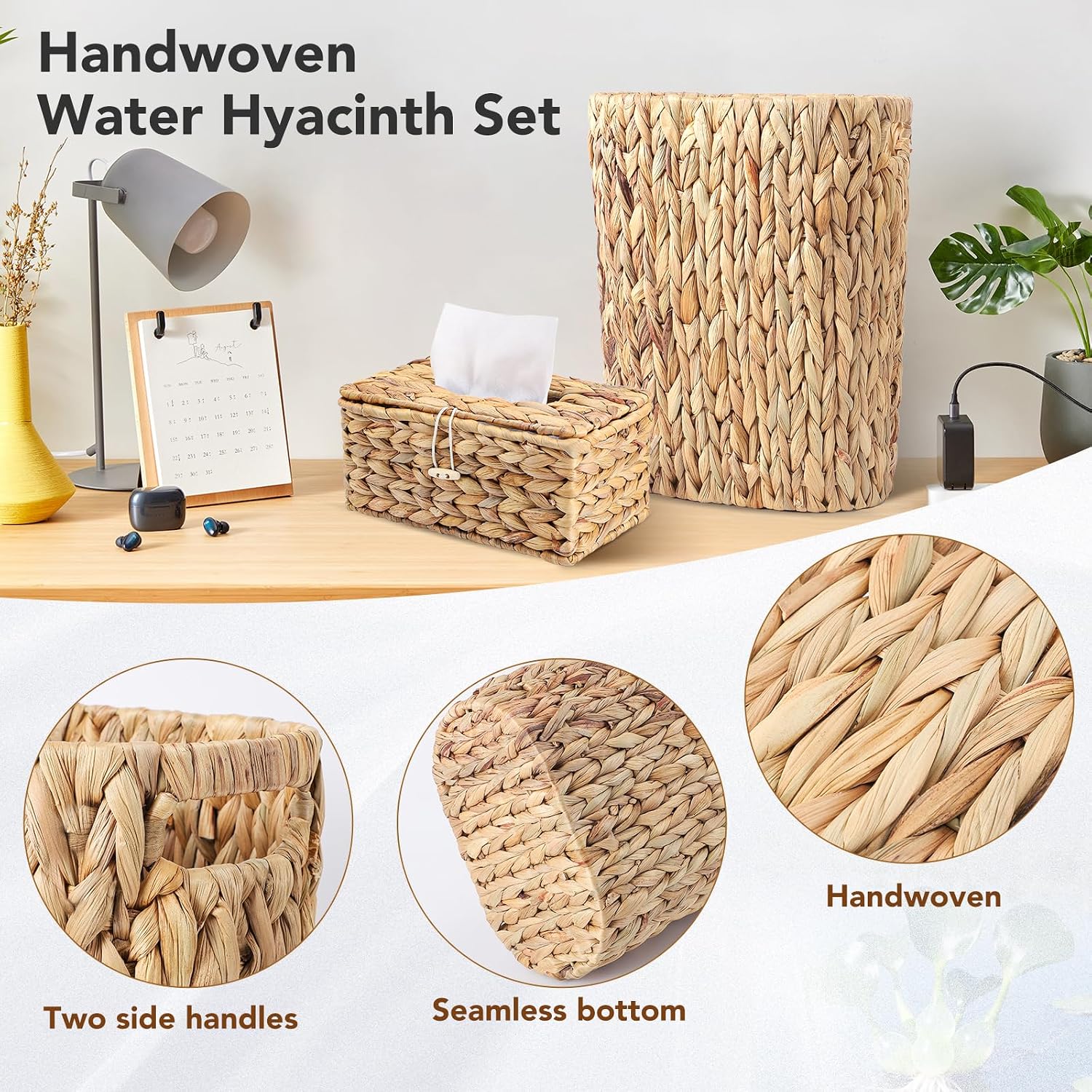 Wicker Trash Can and Rectangle Tissue Box / Khaki / Wicker Trash Can+rectangular Tissue Holders