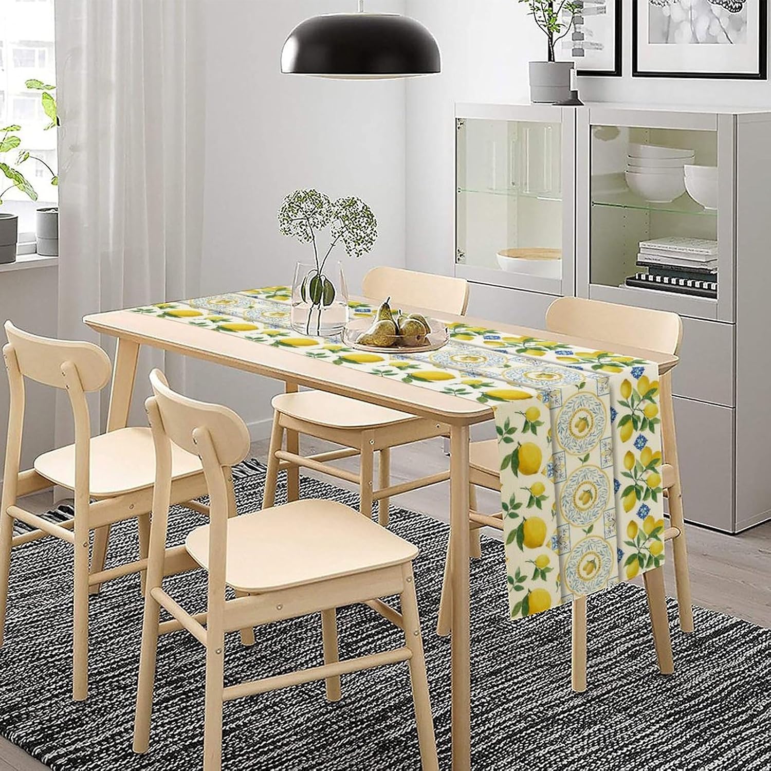 Lemon Table Runner,Summer Blue Tiles Lemons Pattern Printed Linen Table Runner for Home Kitchen Dining Table