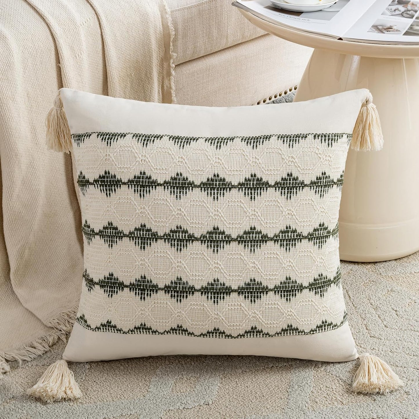 Boho Decorative Throw Pillow Cover / 18 x 18 / Olive Green / Set of 2