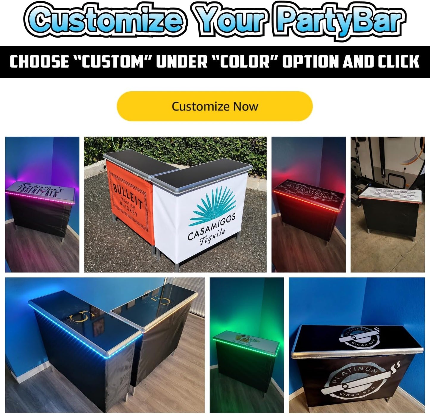 PartyLife NEW & Improved Portable Bar Table w/LED Lights, Folding Steel Legs, 2 Bar Skirts, Supportive Storage Shelf &