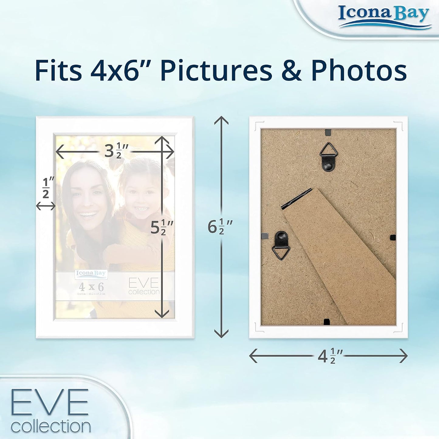 4x6 Picture Frames (White, 3 Pack), Modern Double-Beveled Frame, Tabletop or Wall Mount, Eve Collection