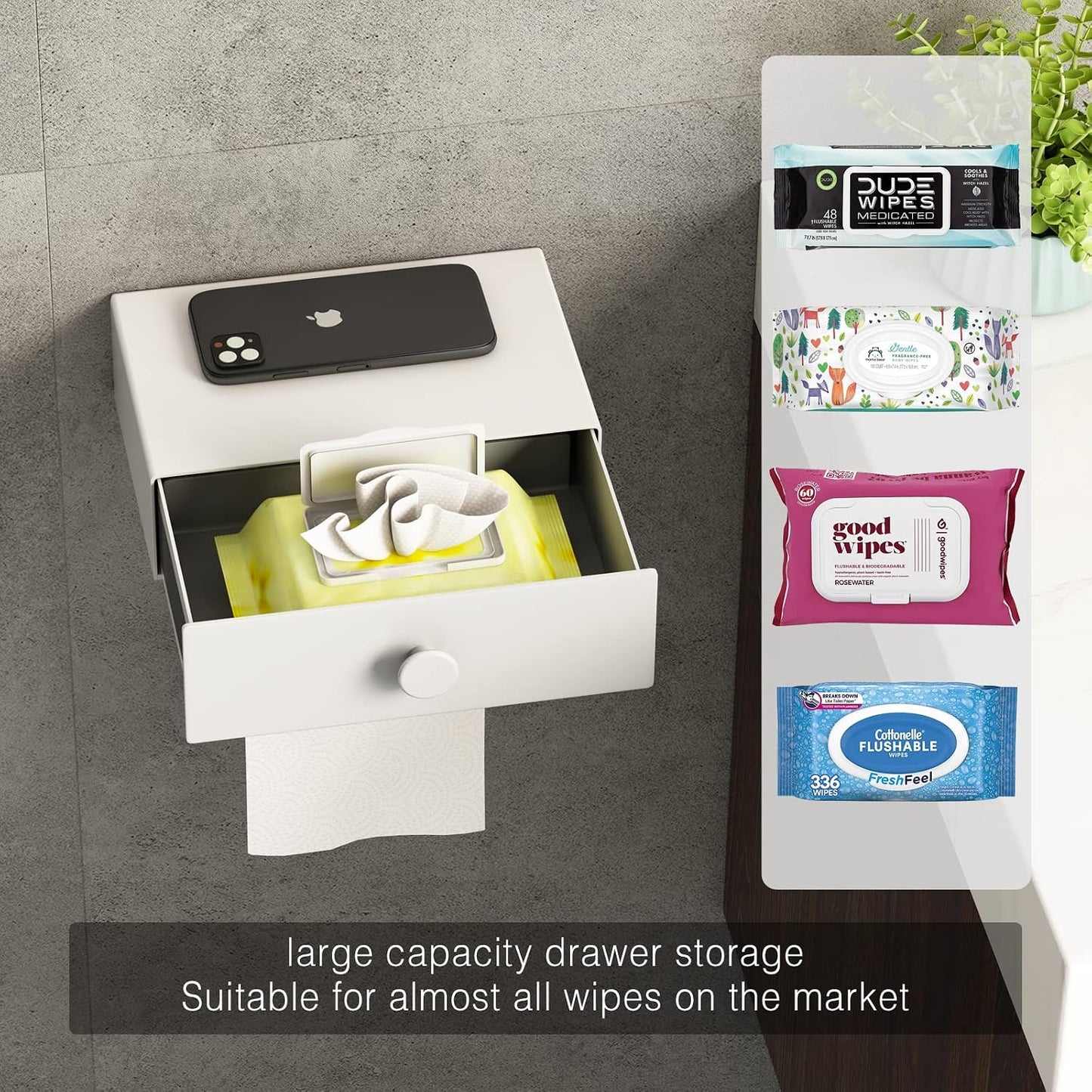 VOLDRA Toilet Paper Holder with Shelf White Wipes Dispenser for Bathroom Toilet Paper Holder with Storage Upgrade