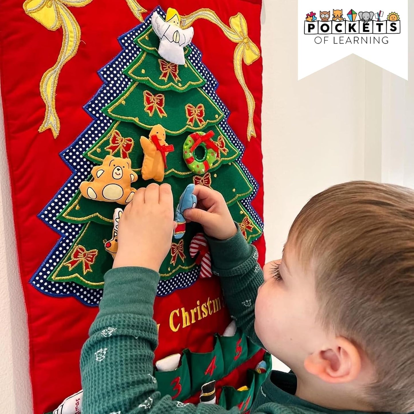 Merry Christmas Green Tree Advent Calendar by Pockets of Learning | Festive Holiday Décor, Seasonal Fabric Wall Hanging