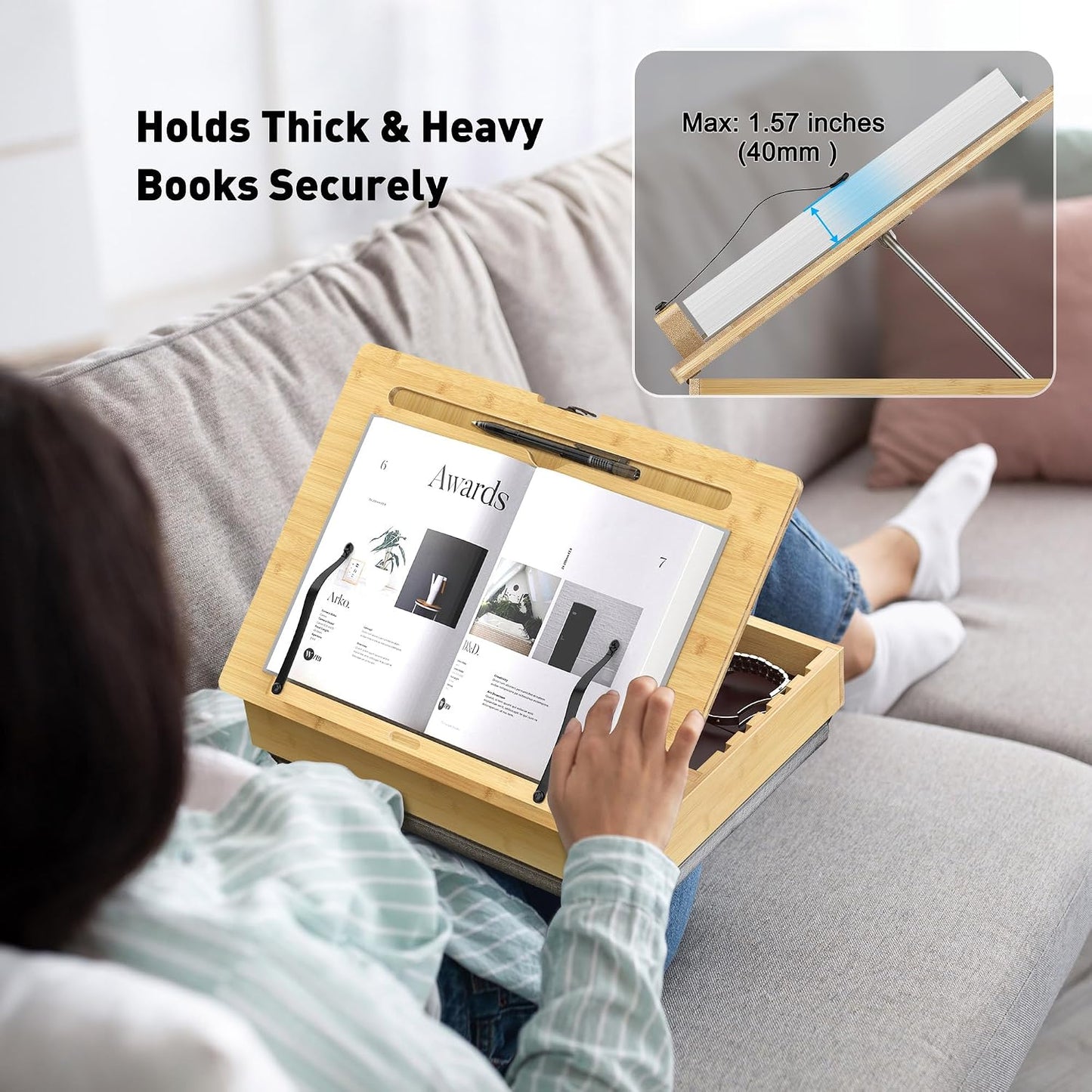 AboveTEK Book Stand for Reading with Storage, Adjustable Bamboo Book Holder with Soft Lap Cushion, Cookbook Stand