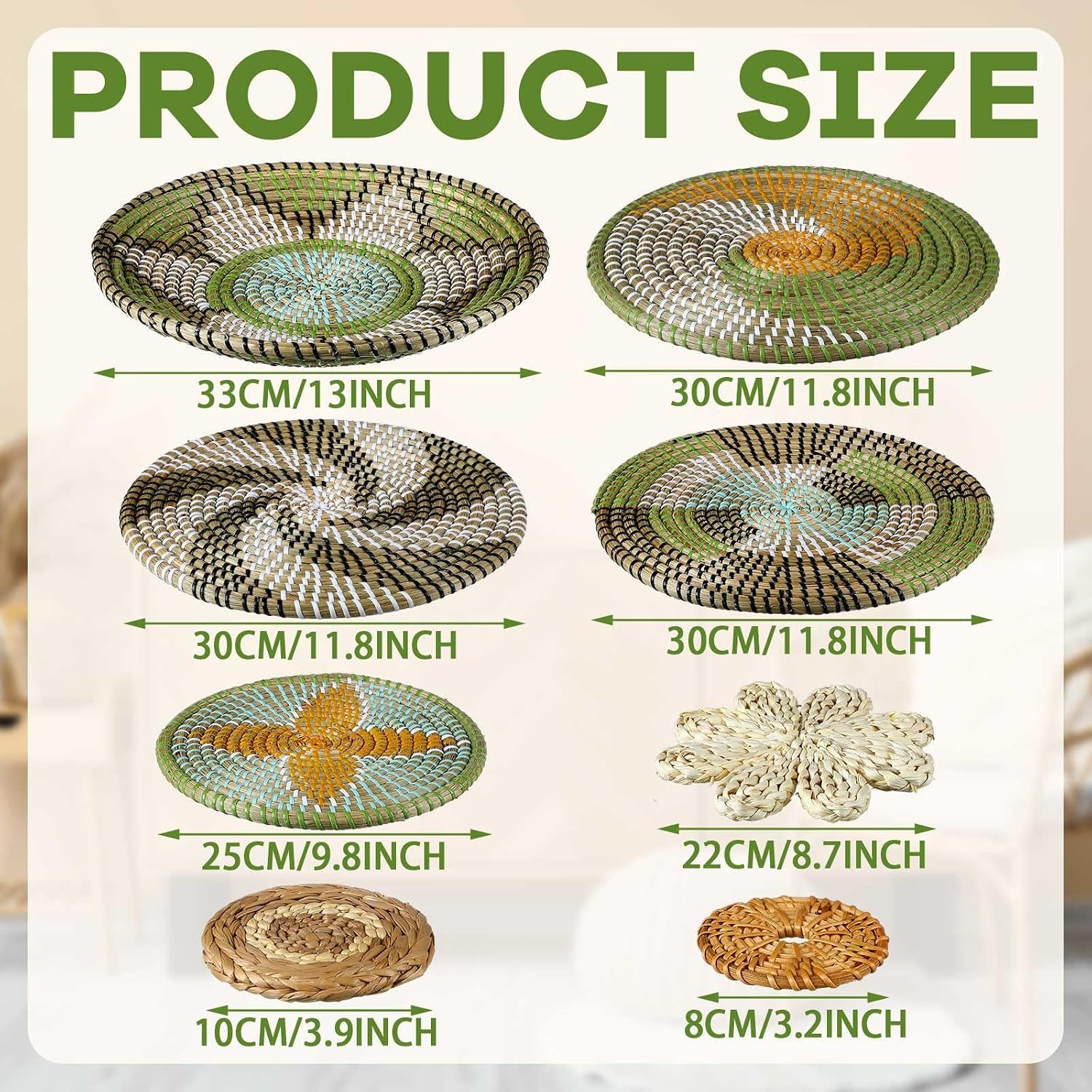 Boho Wall Basket Decor Bulrush Woven Wall Hanging Art Round Farmhouse Rustic / Stylish / Set of 11