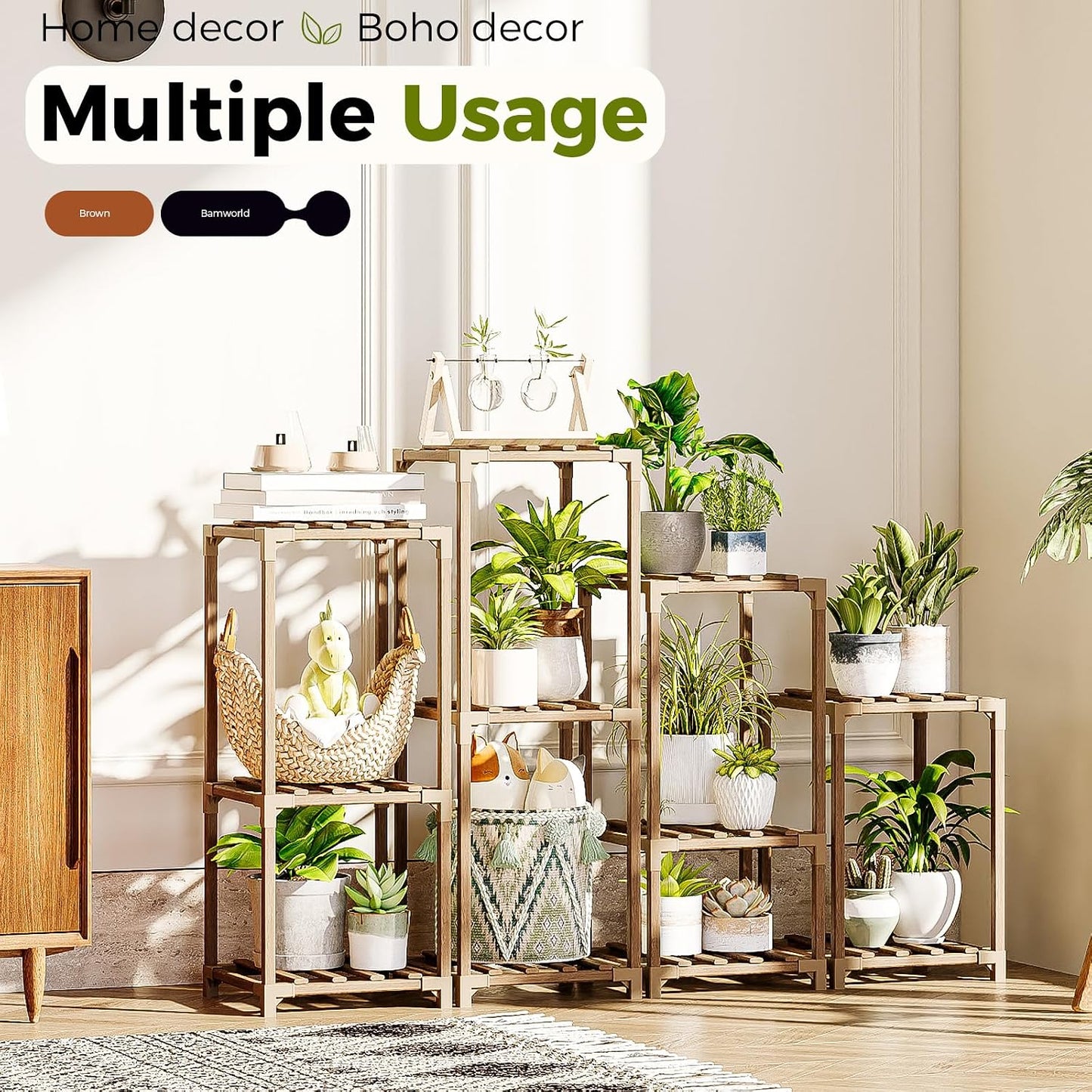 Bamworld Plant Stands Indoor 4 Sets Plant Shelves Outdoor | Wooden Plant Holder for Multiple Plants Flower Stands for