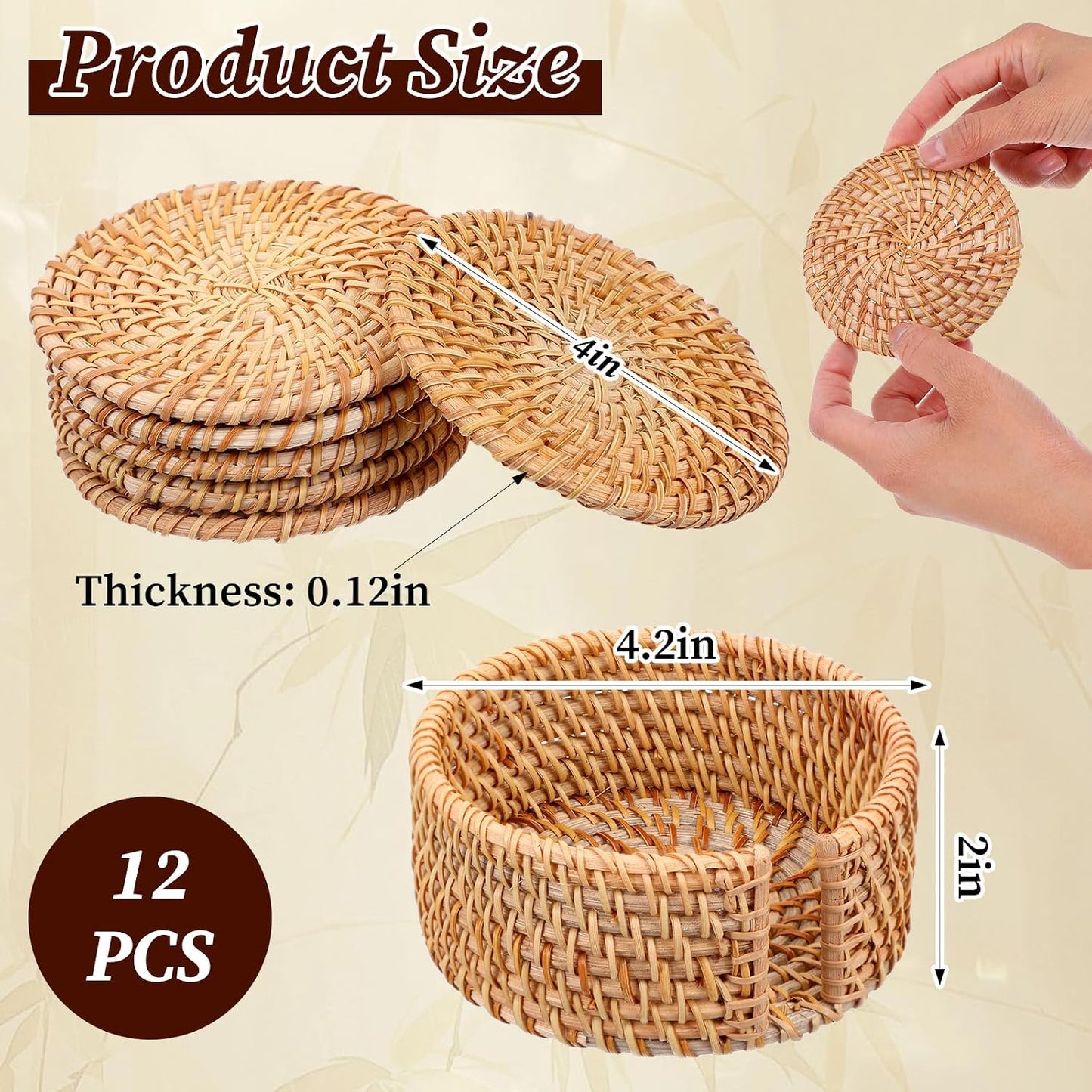 2 Holders / Rattan Coasters Set / Natural / Set of 12