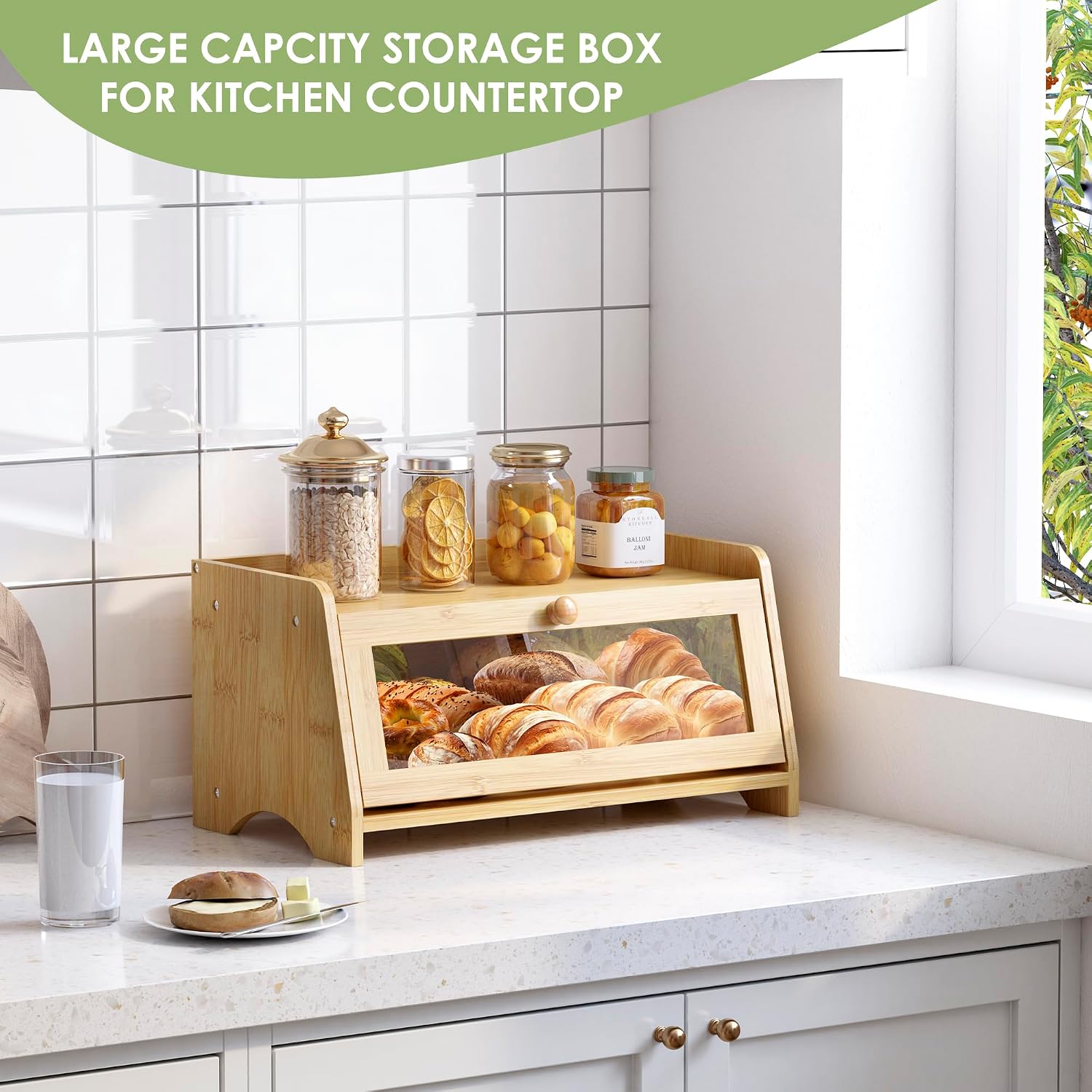 JANSNIMEN Bread Box for Kitchen Countertop, Large Bread Container Storage, Wooden Farmhouse Bread Box with Window Bread
