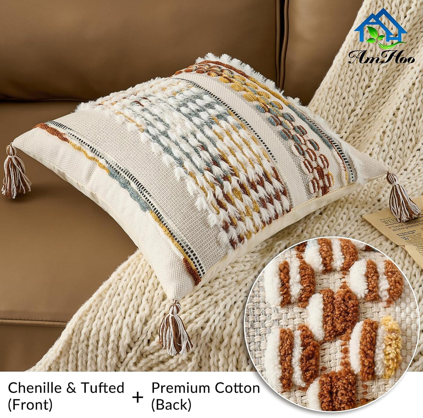 Tassels Woven Decorative Pillow Case / 18 x 18 / Brown White