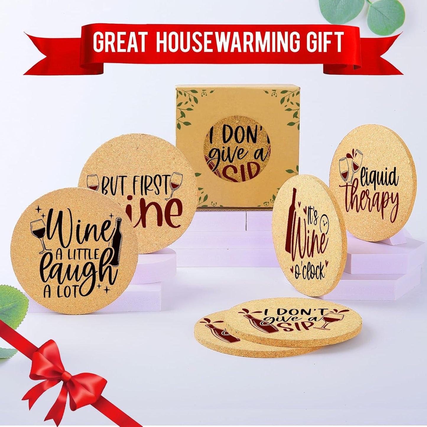 Holder / Absorbent Cork Wood Coaster for Cup Desk Office Table Kitchen Decor / Wine / Set of 6