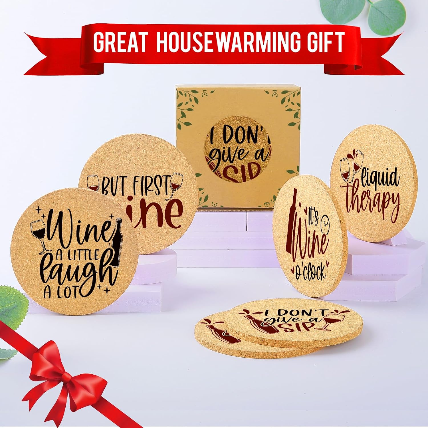 Holder / Absorbent Cork Wood Coaster for Cup Desk Office Table Kitchen Decor / Wine / Set of 6