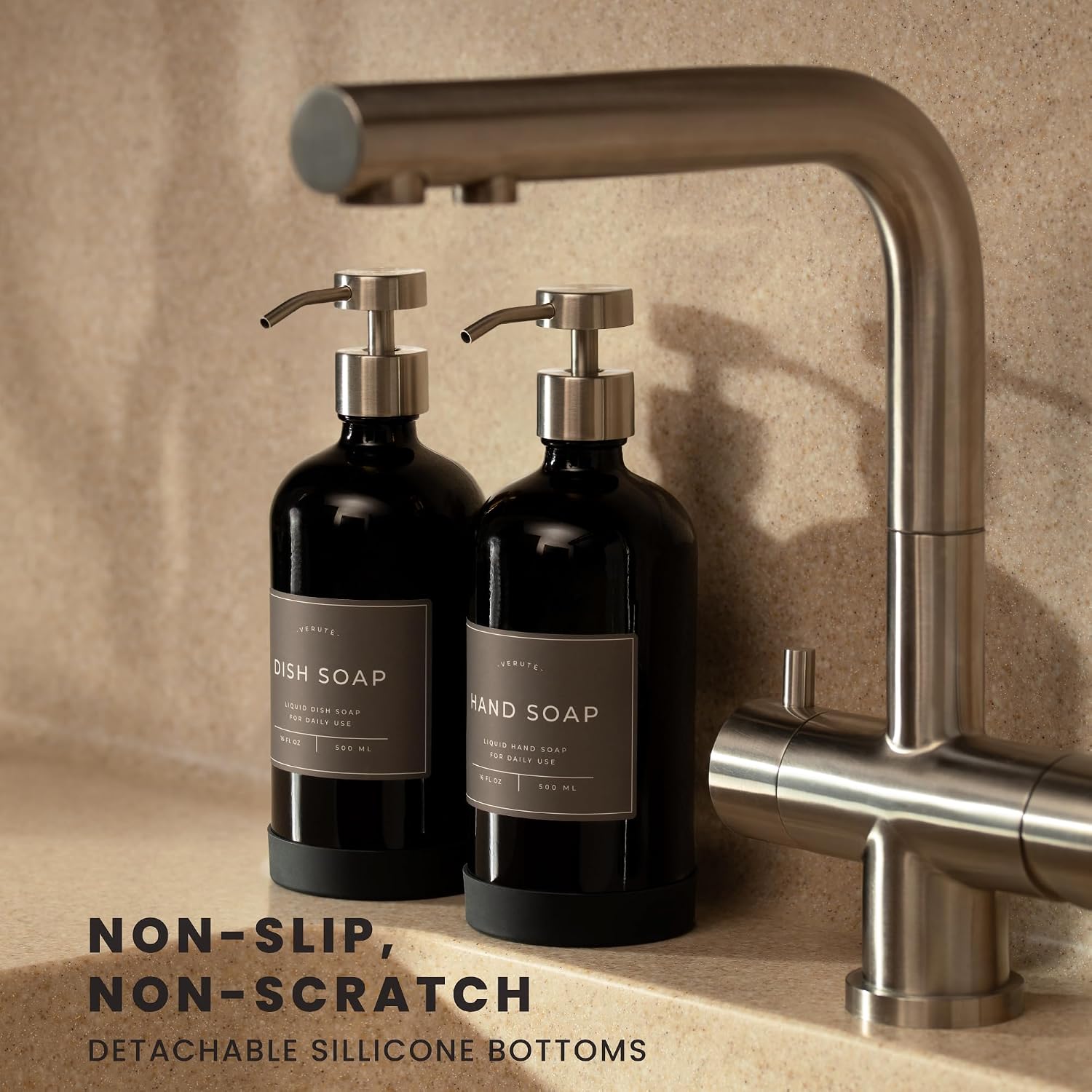 Hand and Dish Soap Dispenser for Kitchen and Bathroom, Set of 2 16 Oz Glass Bottles, Stainless Steel Pumps, Non-Slip