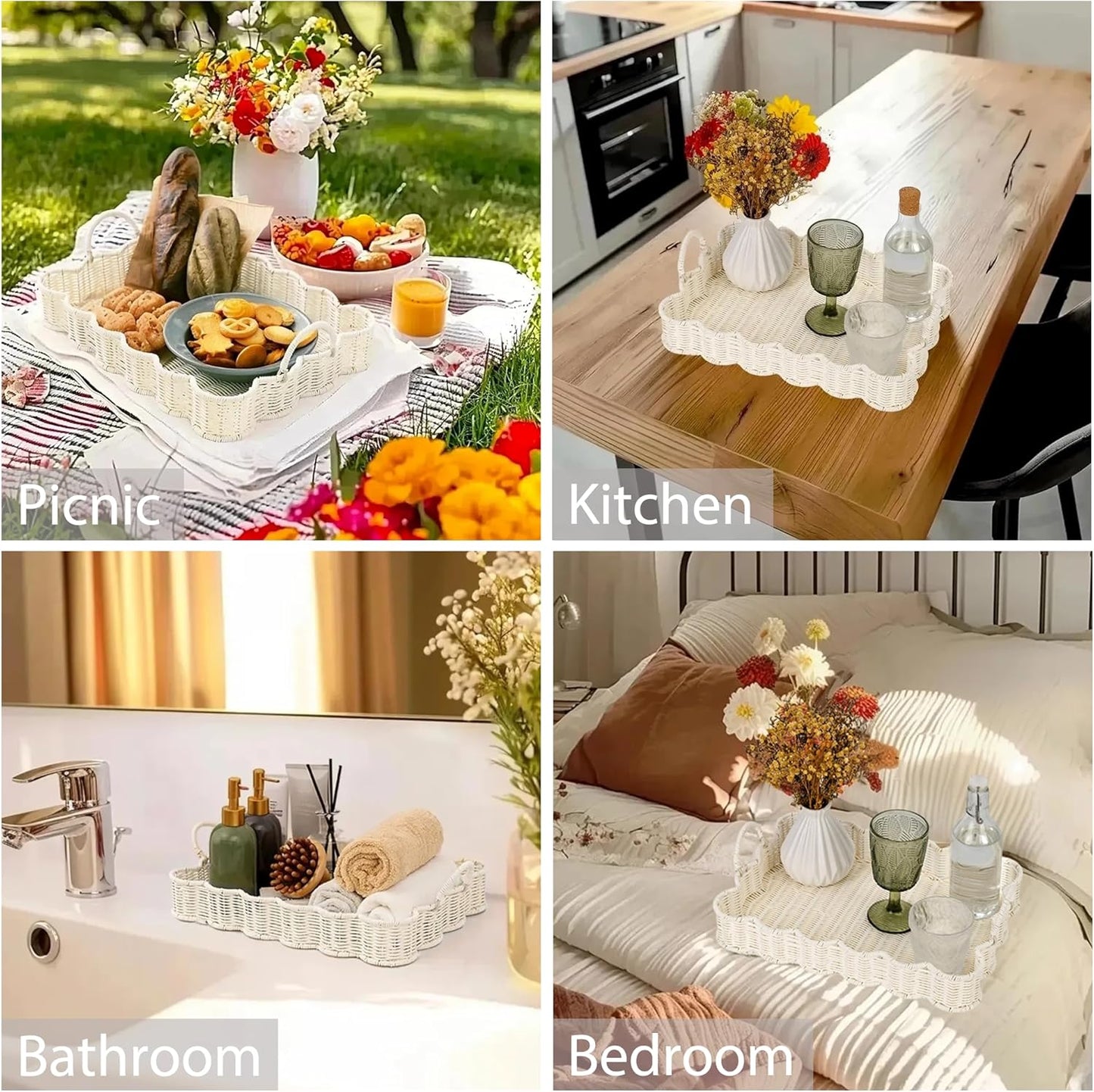 Wicker Serving Trays / Off White