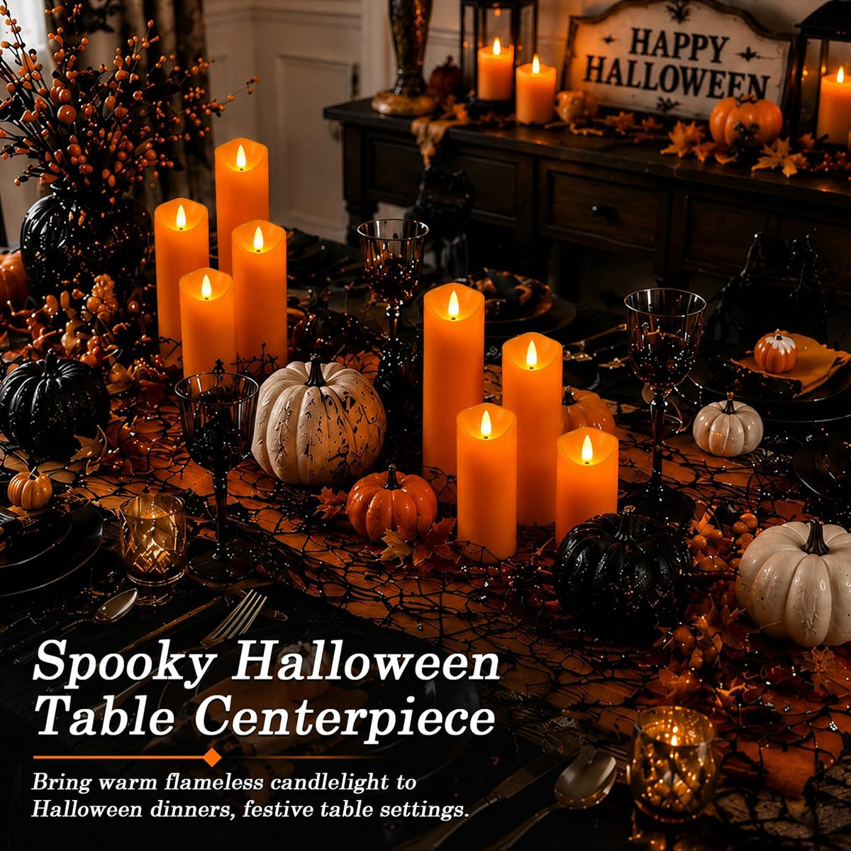 Homemory Orange Halloween Flameless Candles, Remote Timer, 9 Pack | Battery operated LED pillar candles, remote timer