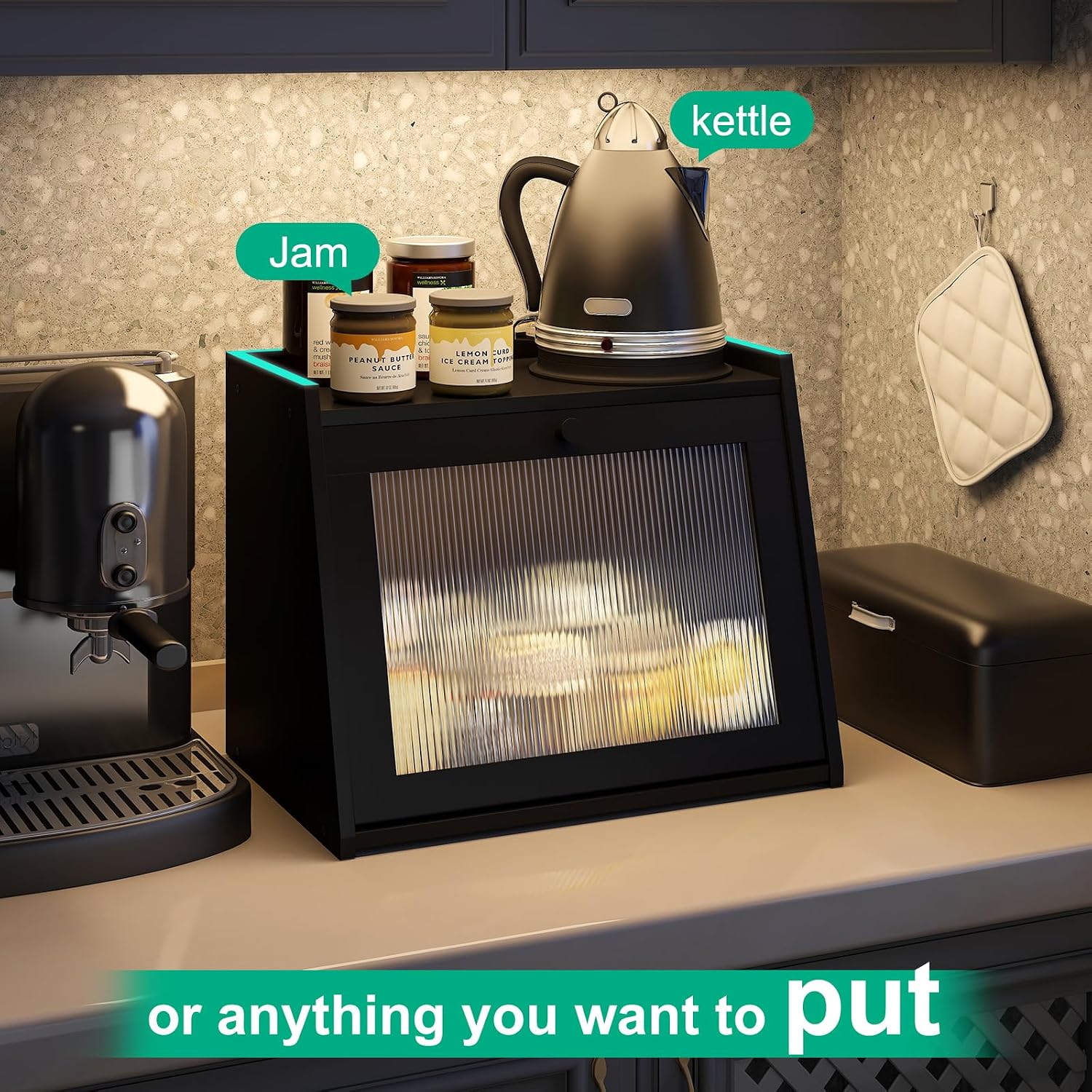 kiplant Large Bread Box for Kitchen Counter, Black Bamboo Bread Storage Container with Wavy Arcylic Transparent Door