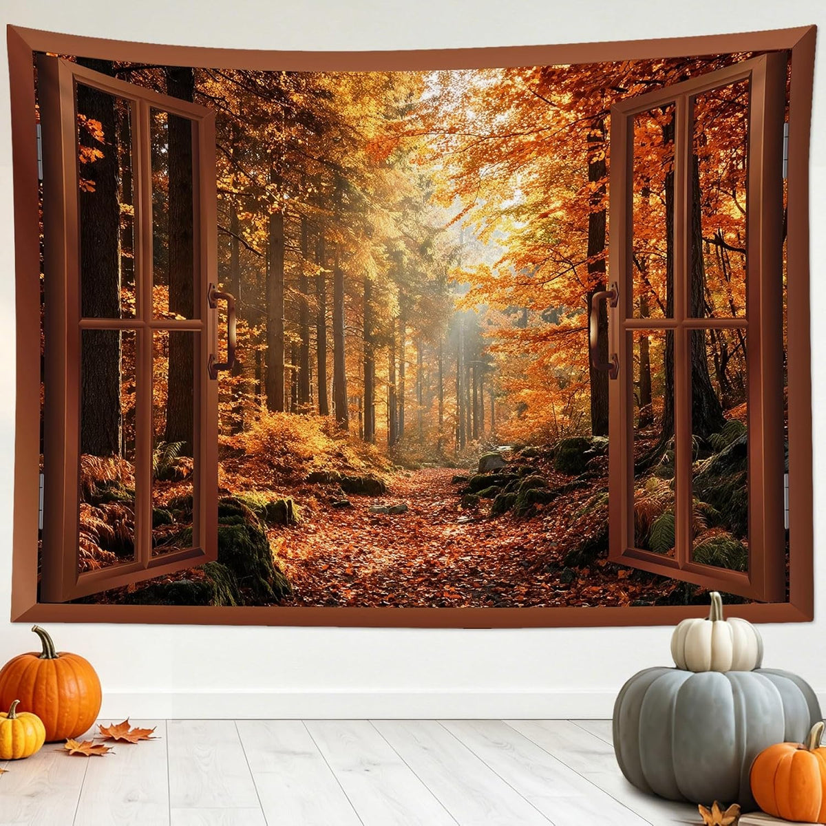 LB Fall Forest Tapestry for Bedroom, Autumn Maple Tree Outside Brown Window Wall Tapestry, Rustic Nature Landscape Extra Large Tapestries Wall Hanging for Living Room Dorm Decor, 92Wx70.5H inches