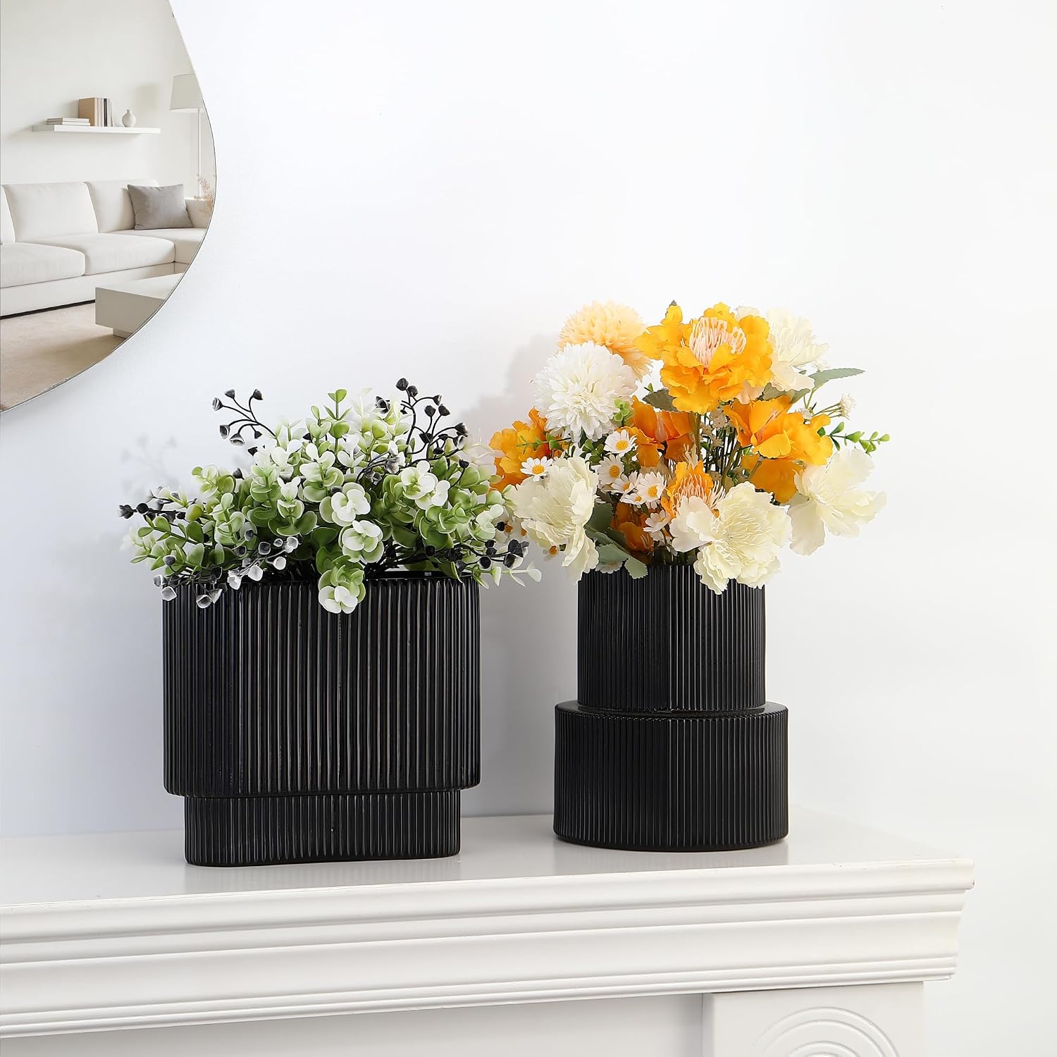Glass Vases / Modern Vase for Tulips / Black / Ribbed + Oval / Set of 2