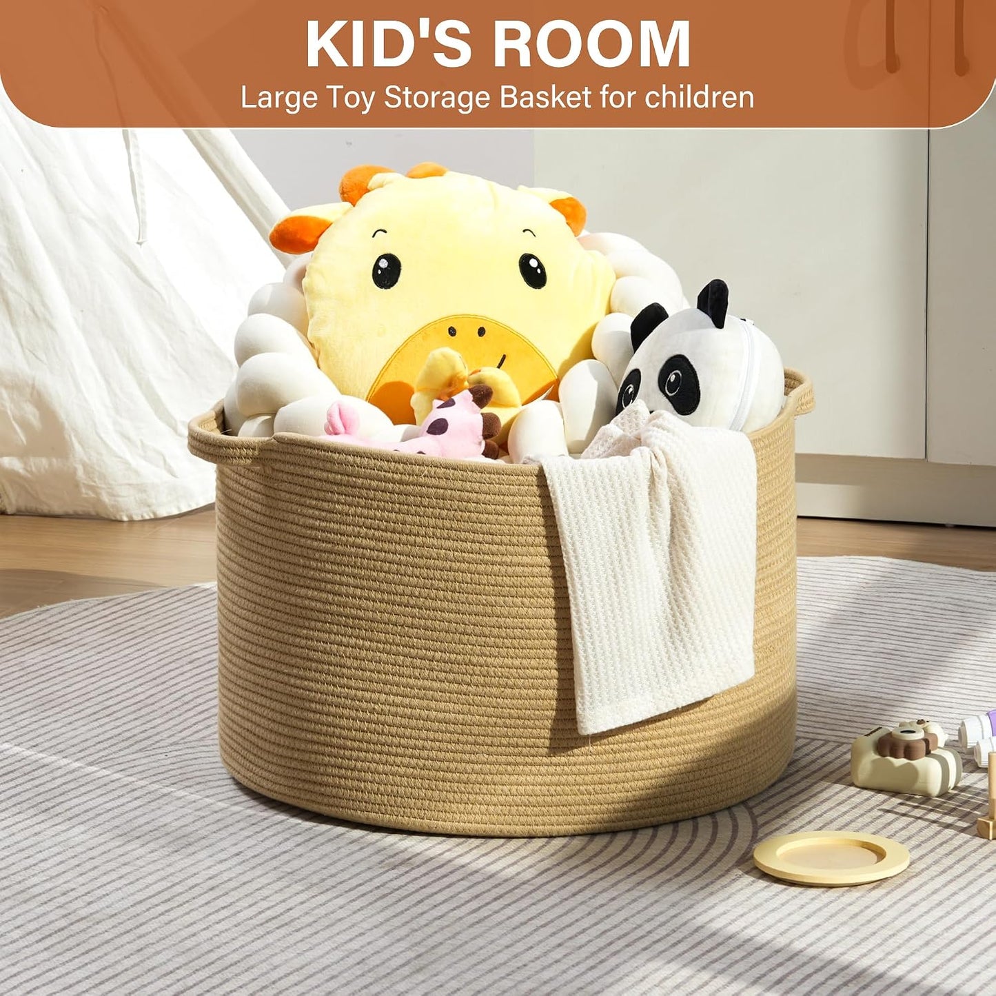 Collapsible Handle Cotton Rope Soft Woven Fabric Storage Organizer Clothes Toys / Camel / 65L