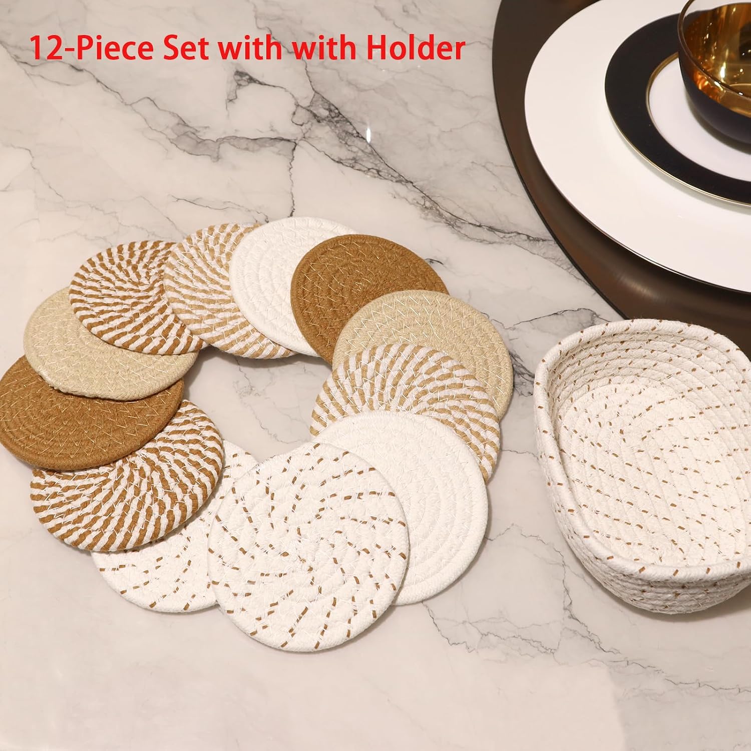 Holder / Cotton Woven Absorbent Coasters for Drinks Beer Coffee / Set of 12