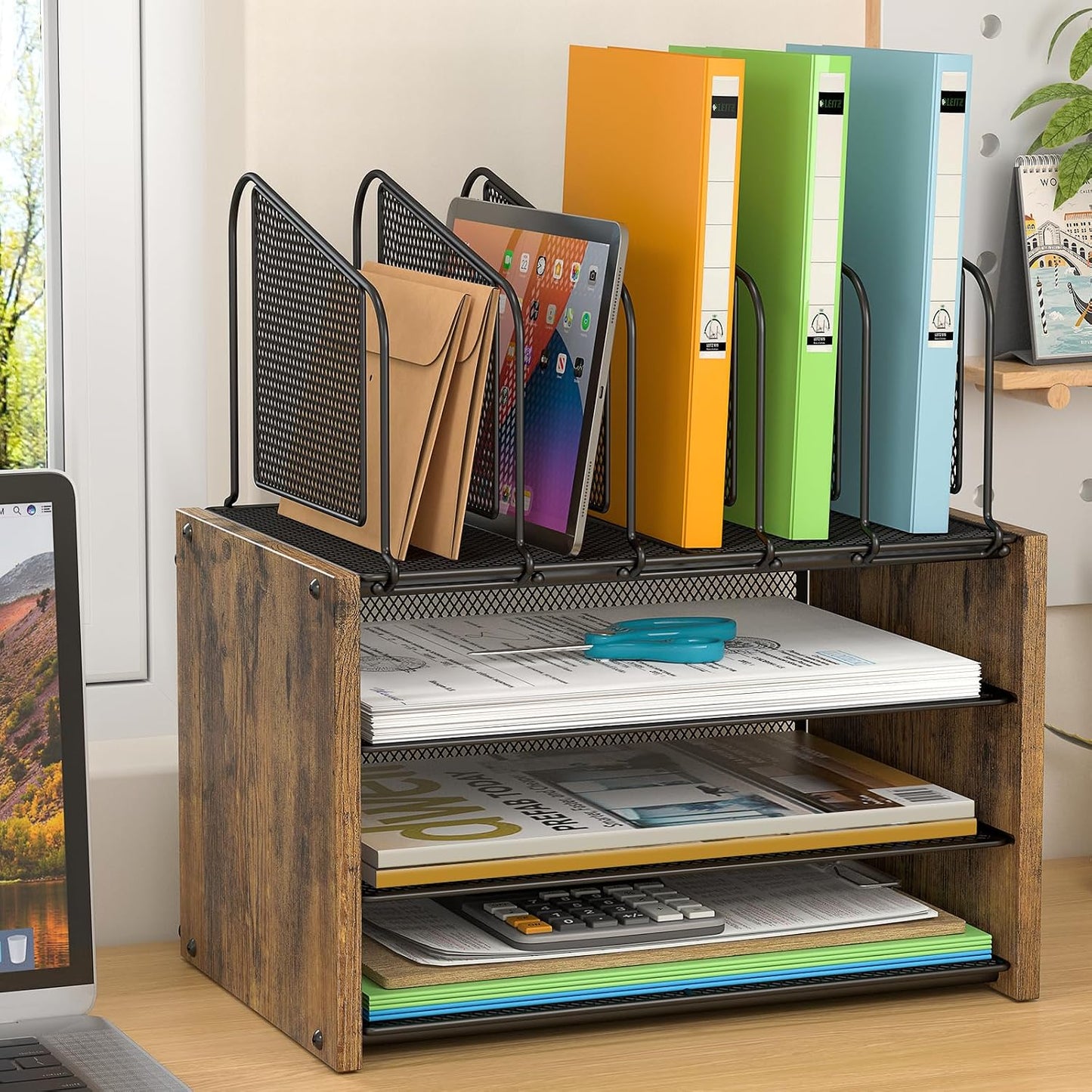 4-Tier Desk Organizer, Desk File Organizer with 5 Vertical File Holders, Office Desktop Organizer with 3 Level Paper
