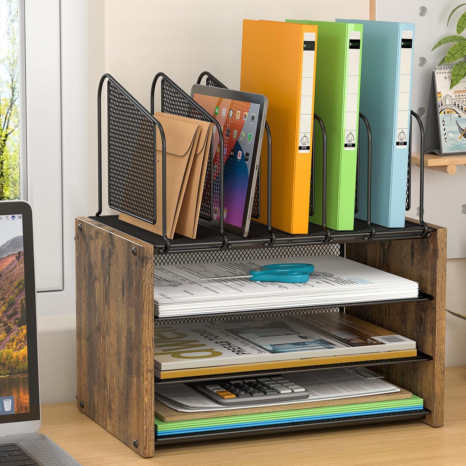 4-Tier Desk Organizer, Desk File Organizer with 5 Vertical File Holders, Office Desktop Organizer with 3 Level Paper