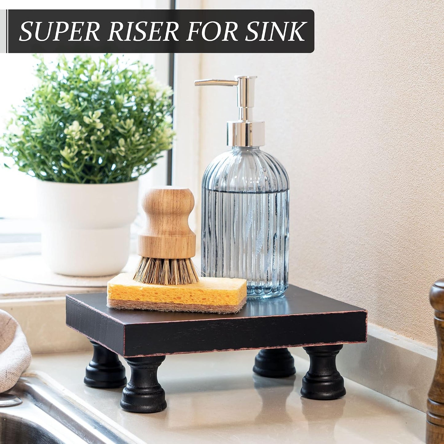 EOSAHR Wood Riser & Display Stand for Kitchen Counter, Black | 8.5" Pedestal Stand for Kitchen Decor, Soap Holder