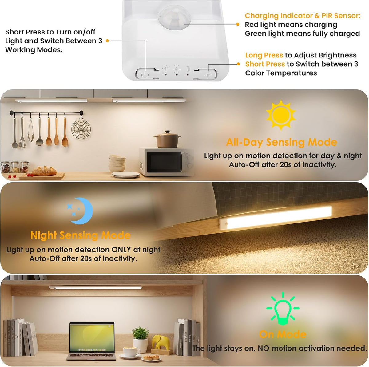 5-Pack Motion Sensor Under Cabinet Light, 3CCT, 15.7 inch | 3 Color Temperature, Dimmable, Rechargeable, Magnetic
