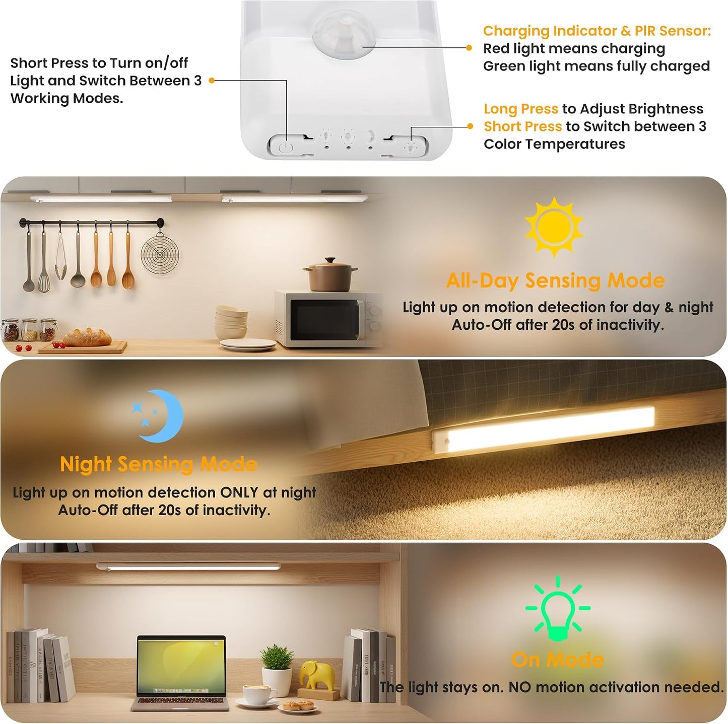 15.7 inch Motion Sensor Under Cabinet Light, 5-Pack, 3 Color | Dimmable, Rechargeable, Magnetic Closet Light, Wireless