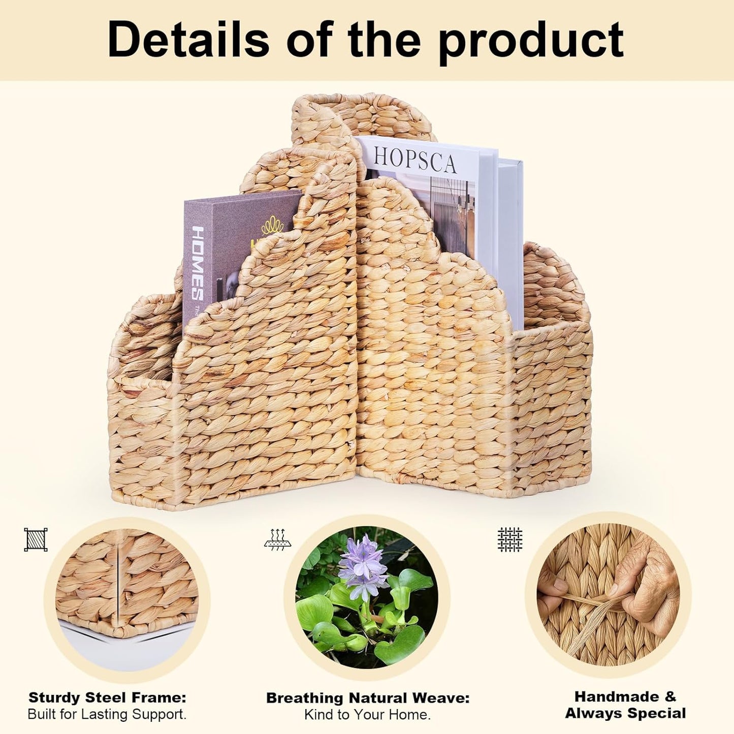 Handwoven Rattan Storage Baskets / Water Hyacinth-scalloped / Natural / Set of 2