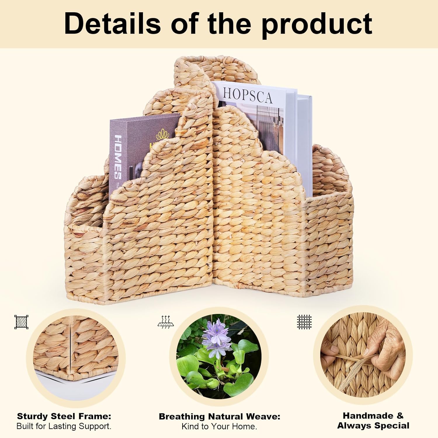 Handwoven Rattan Storage Baskets / Water Hyacinth-scalloped / Natural / Set of 2
